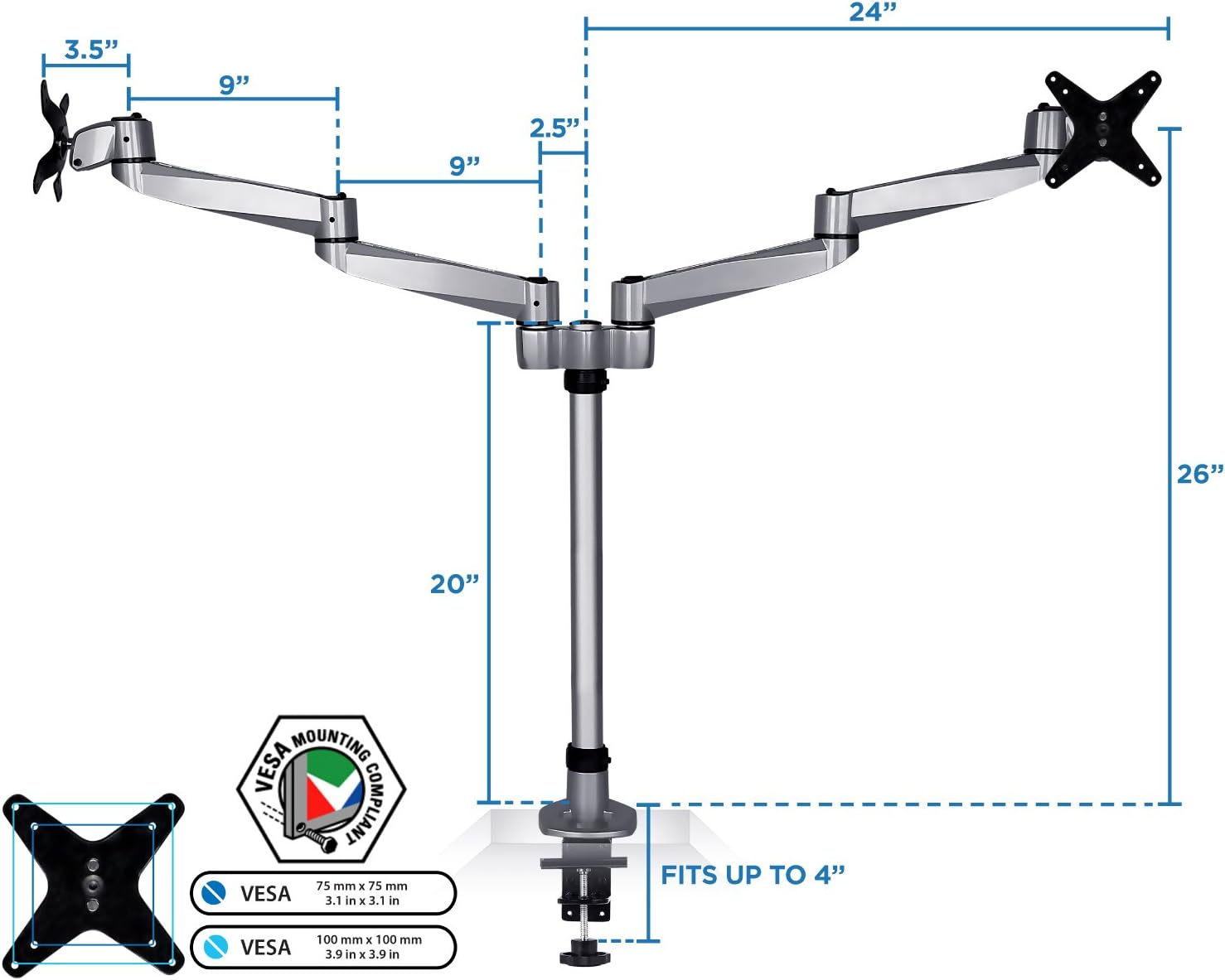 Mount-It! Premium Modular Dual Monitor Desk Mount Arms | Tilt Swivel VESA Wall Mount | Fits 13 15 17 19 21.5 24 27 Inch Computer Screens with 75 100 VESA Patterns | C-Clamp and Grommet Bases | Silver