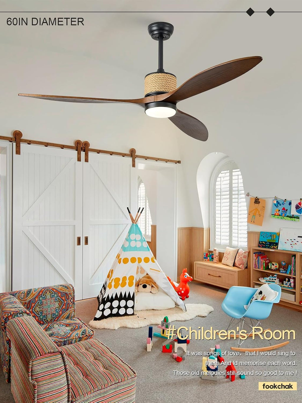 60in Dimmable Black Ceiling Fan Lights with Remote Control 3 Blade Hemp Rope Farmhouse Ceilings Fan with Light Walnut Wood LED Ceiling Fan Outdoor for Patio Kitchen Bedroom Living Room