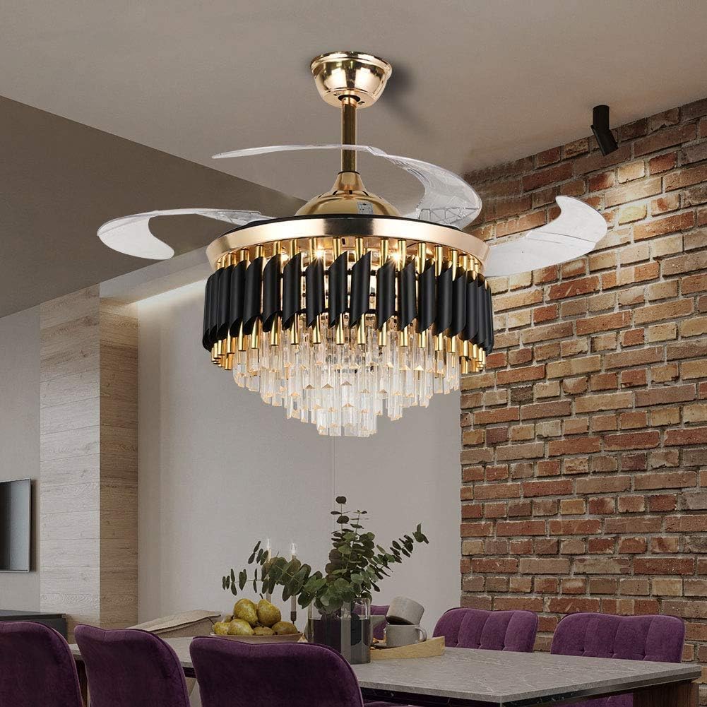 42' Crystal Fandelier Ceiling Fan Retractable Blade Ceiling Fan with Lights Modern LED Chandelier Ceiling Fan with Remote Controls, 36 Watt LED Light Strip Included, Gold+Black