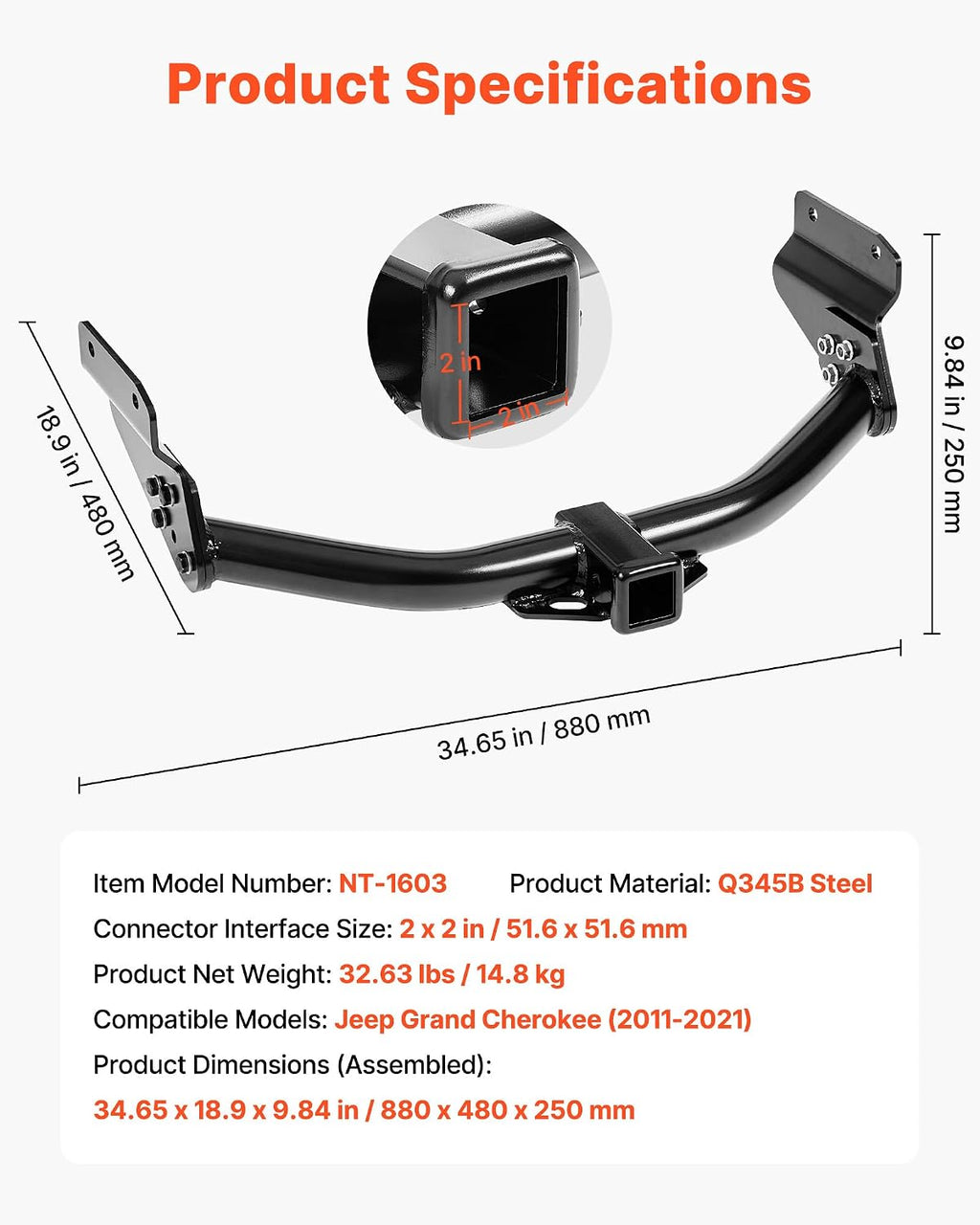 VEVOR Class 3 Trailer Hitch, 2-Inch Receiver, Compatible with 2011-2021 Jeep Grand Cherokee, Q345B Steel Tube Frame, Multi-Fit Hitch to Receive Ball Mount, Cargo Carrier, Bike Rack, Tow Hook, Black
