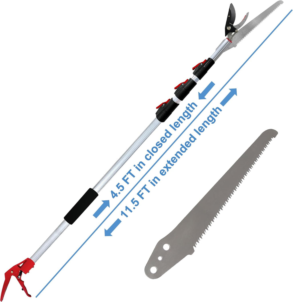 Extendable Tree Pruner & Trimmer 4 Section Telescoping Pole | 4.5-11.5 FT, Cut and Hold Clippers, Branch Cutter, Pole Saw, Lopper & Fruit Picker Tool, Long Handle Pruning Shears