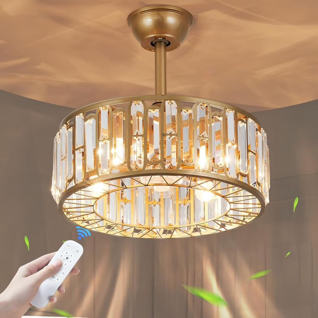 18.2' Gold Caged Ceiling Fans with Lights Remote Crystal Fandelier 4-Lights Flush Mount Fan Light Modern Enclosed Chandelier Fan with 6 Speeds for Bedroom Living Room Kitchen Dining Room Hallway