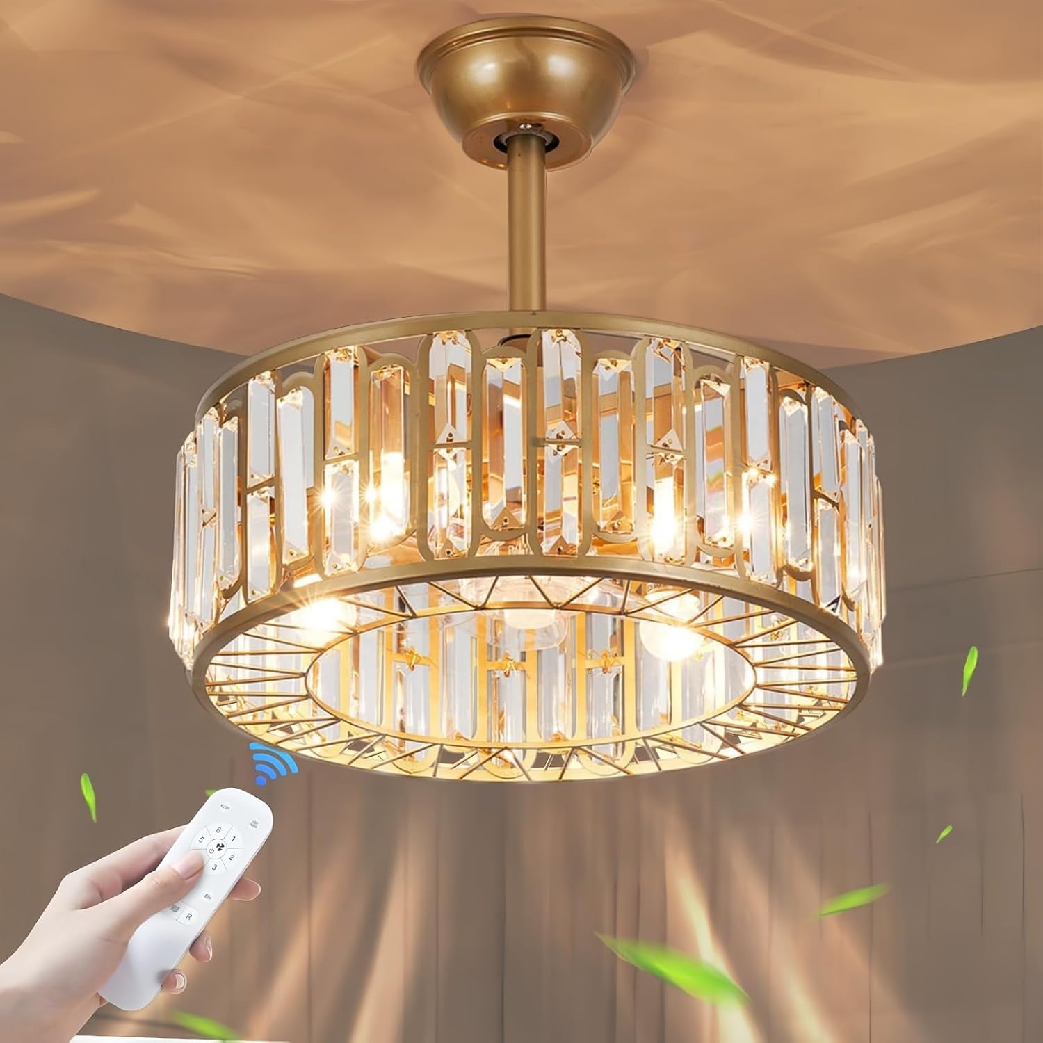 18.2' Gold Caged Ceiling Fans with Lights Remote Crystal Fandelier 4-Lights Flush Mount Fan Light Modern Enclosed Chandelier Fan with 6 Speeds for Bedroom Living Room Kitchen Dining Room Hallway