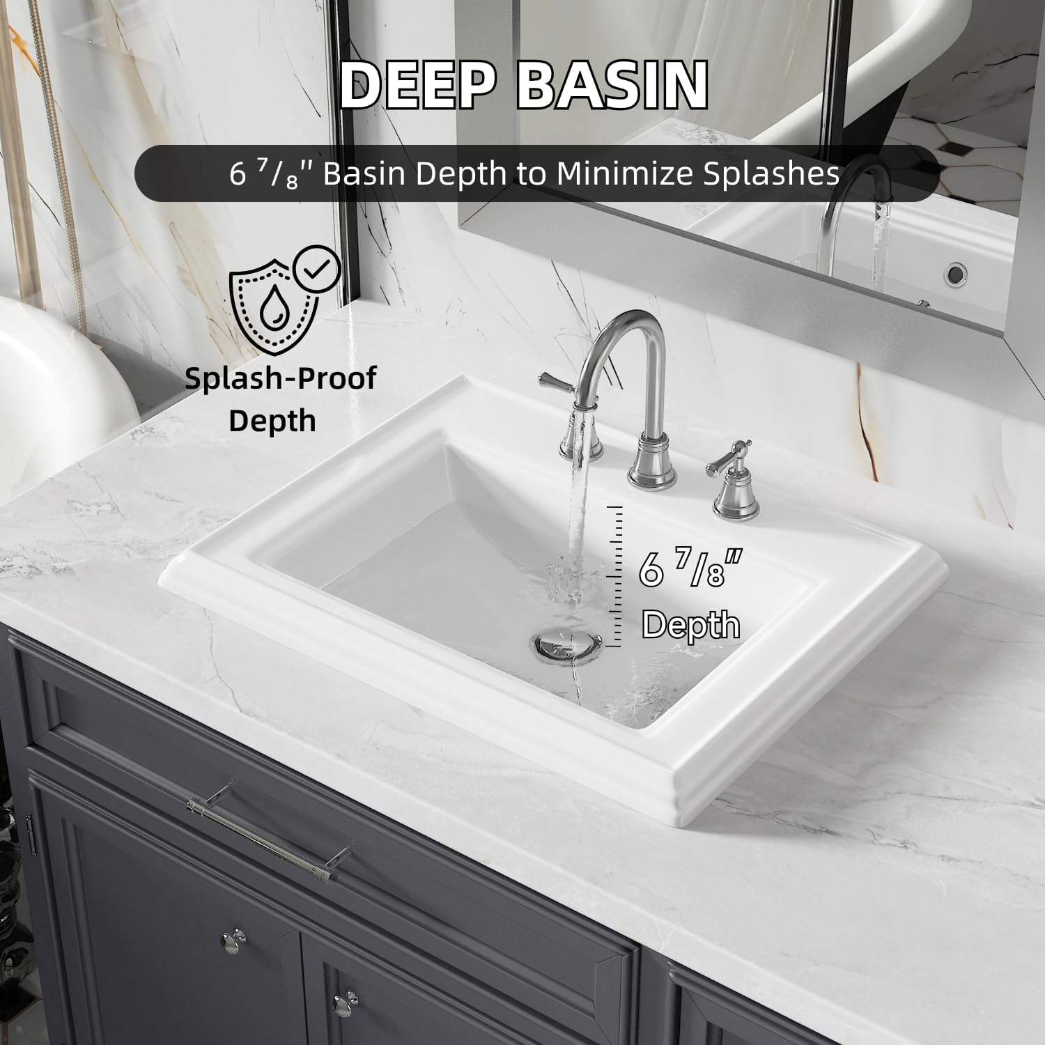 23'W x 18'D Drop In Bathroom Sink Rectangle With 3 Holes for 8' Widespread Faucet, Los Flexi 23 Inch White Ceramic Vanity Top with Front Overflow, Vintage Top Mount Sink for Bathroom Countertops