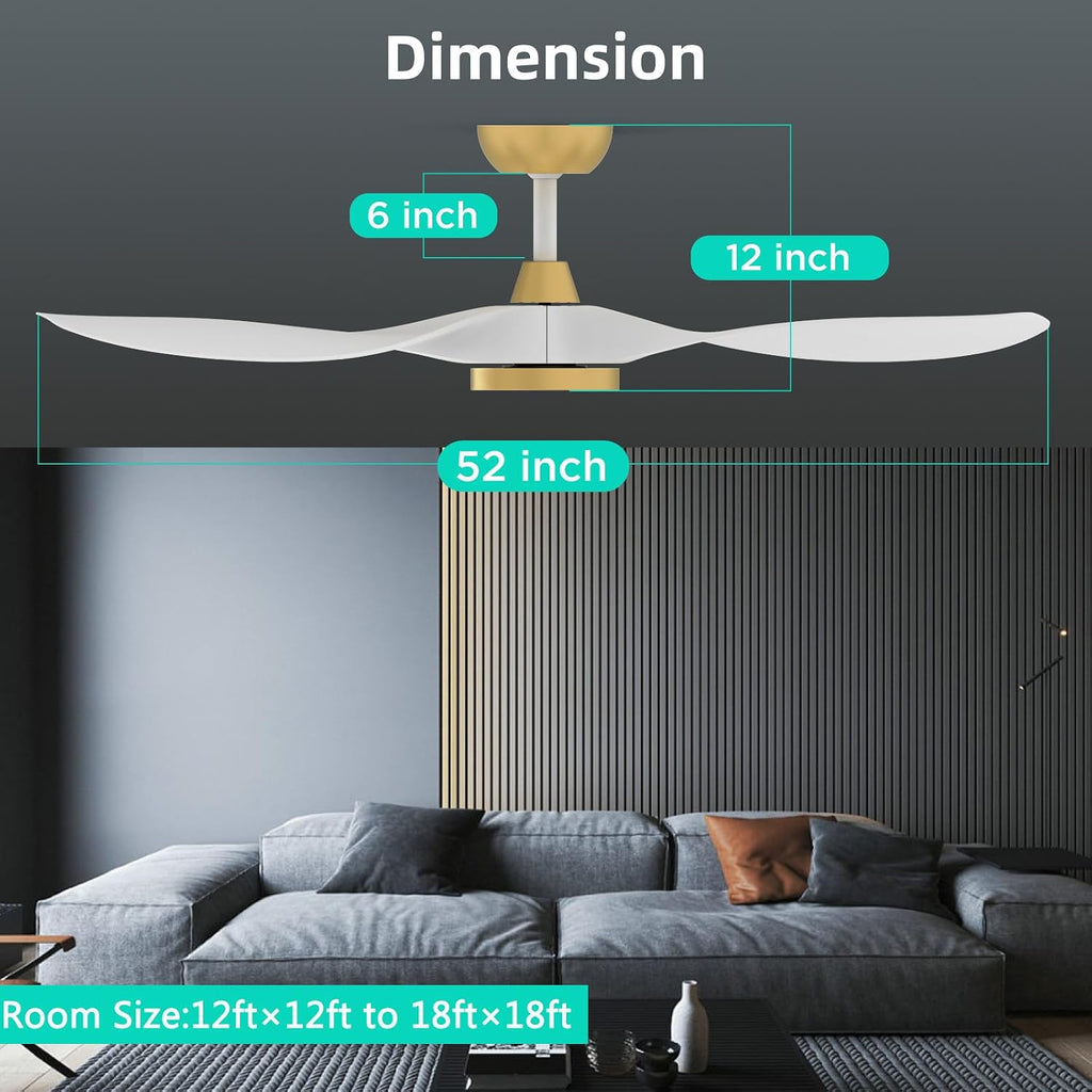 Roomratv Ceiling Fans with Lights,Large Airflow 52inch Modern Ceiling Fan with Quite Reversible DC Motor 3 Color Temperature LED Light (White Gold)