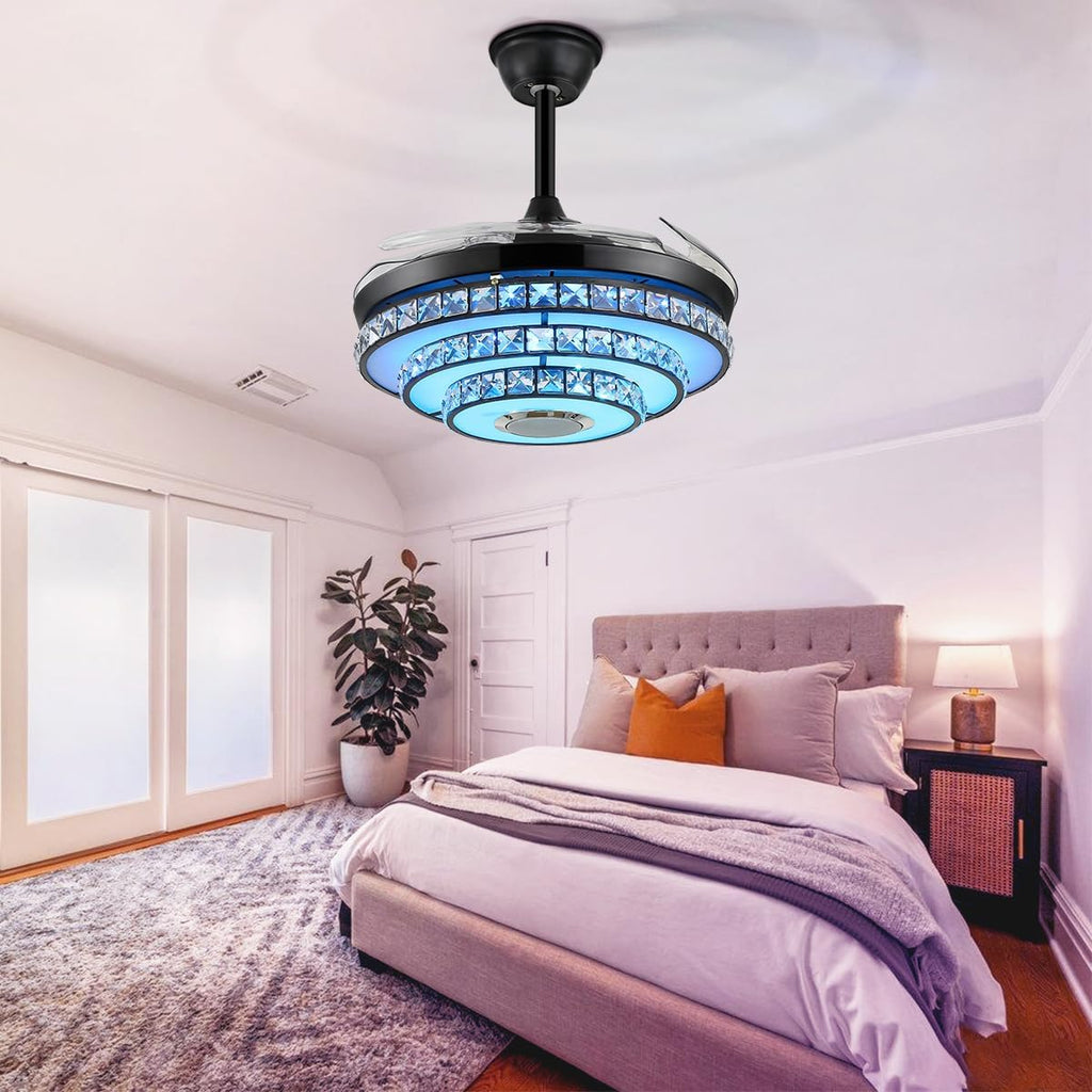 42inch Bluetooth Crystal Ceiling Fan Lights with Music Player and Remote Control Chandelier, Retractable Blades Fandelier with 3 Speed 7 Color Dimmable LED Kit Included