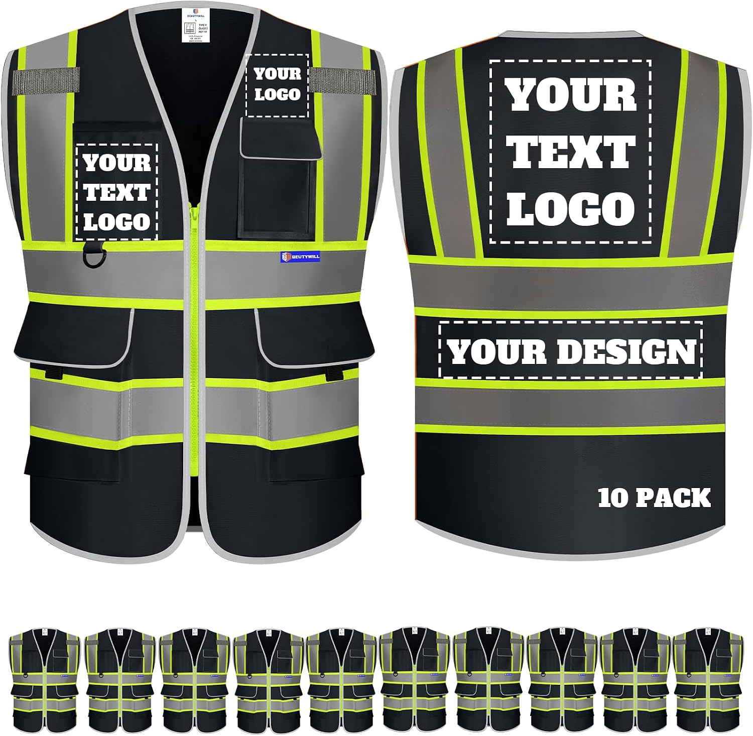 Custom Safety Vest Logo High Visibility Reflective Vest Ansi with Pockets Class 2 Hi Vis Security Construction Workwear