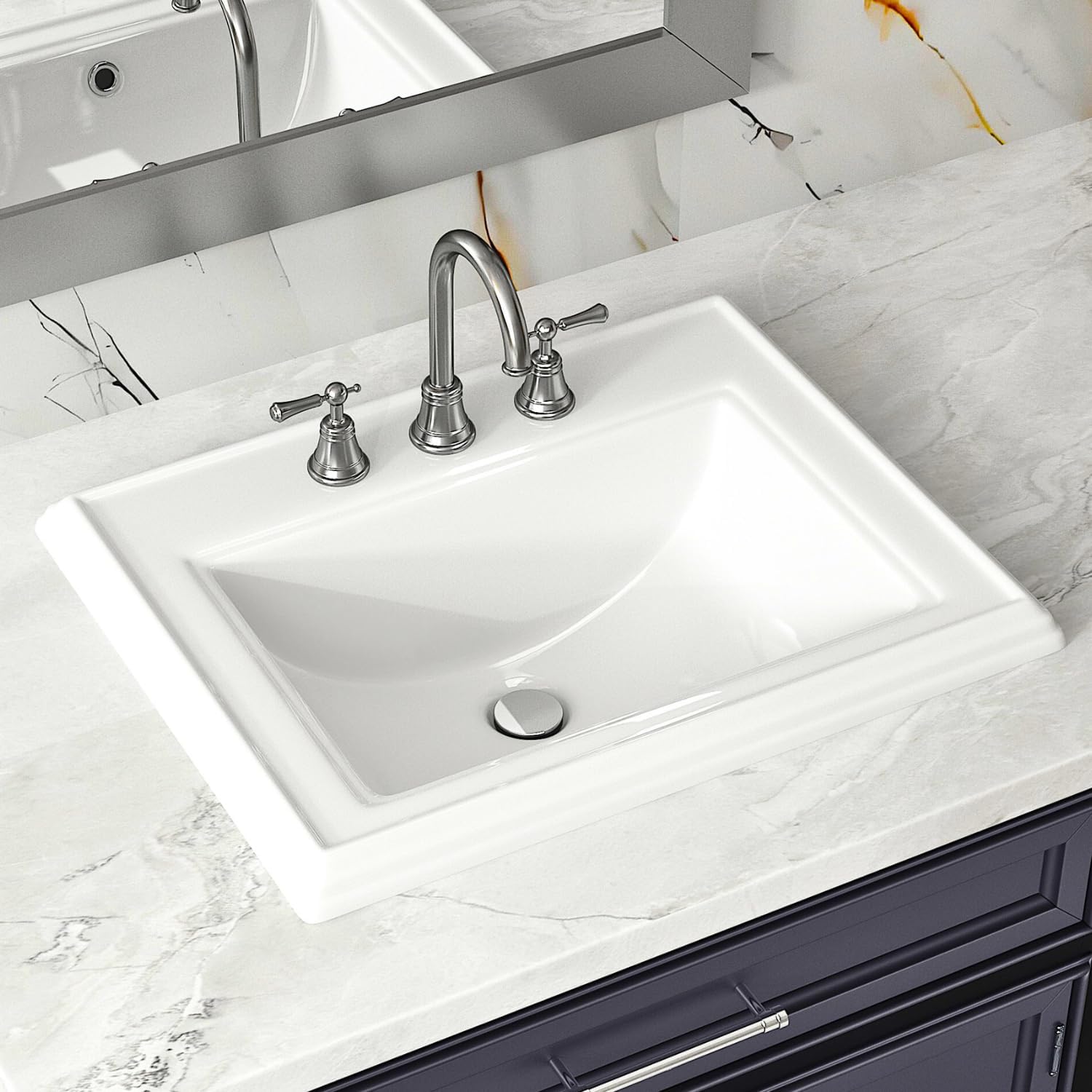 23'W x 18'D Drop In Bathroom Sink Rectangle With 3 Holes for 8' Widespread Faucet, Los Flexi 23 Inch White Ceramic Vanity Top with Front Overflow, Vintage Top Mount Sink for Bathroom Countertops