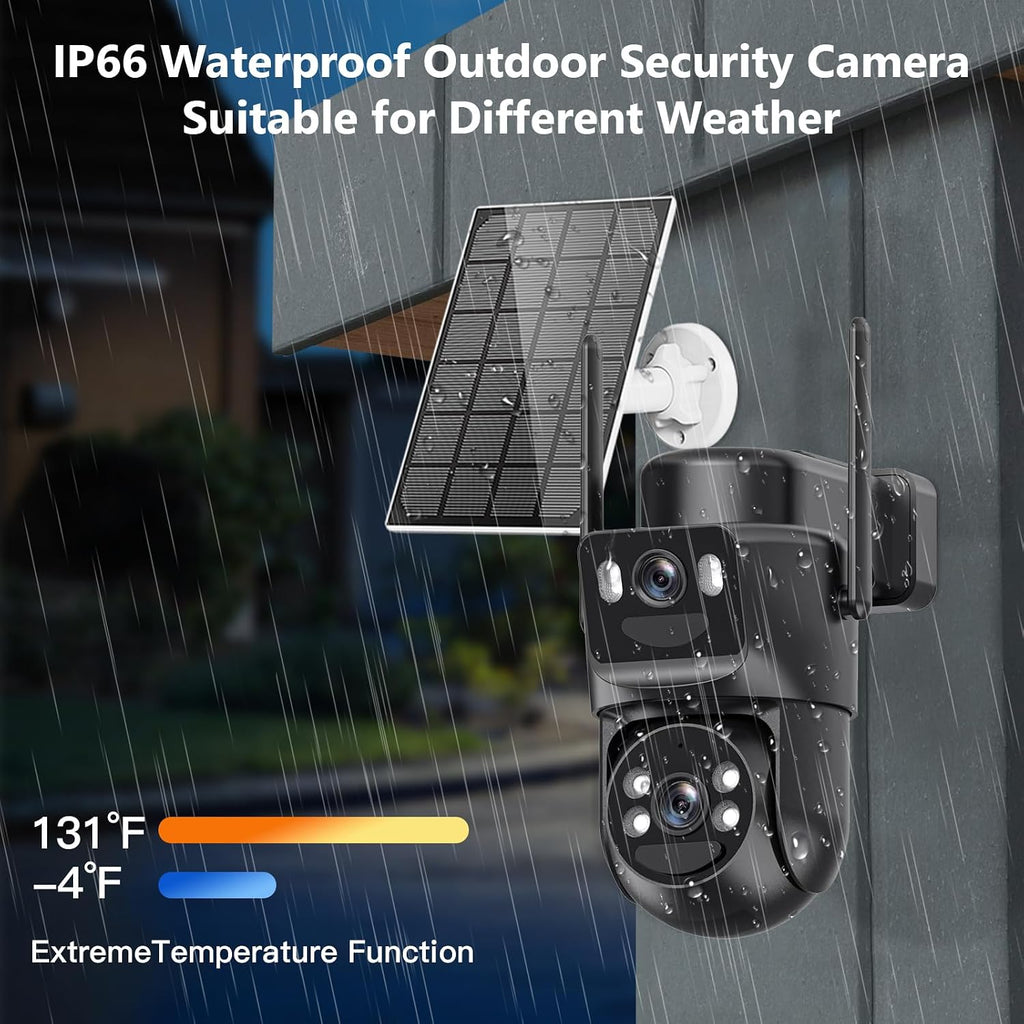 4K Solar Security Cameras Wireless Outdoor Battery Powered, 2.4GHz Dual Lens Bullet & 360°PTZ Linkage Outdoor Security Camera with Solar Panel, 8X Digital Zoom, Color Night Vision (2 Pack)