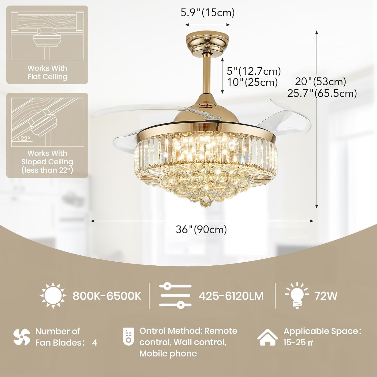 36'' Fandelier Ceiling Fans with Light, Chandelier Gold Ceiling Fan, Retractable Crystal Ceiling Fan for Bedroom, Living Room, 3 Color Change, LED Dimmable, 6 Speeds, Reversible DC Motor