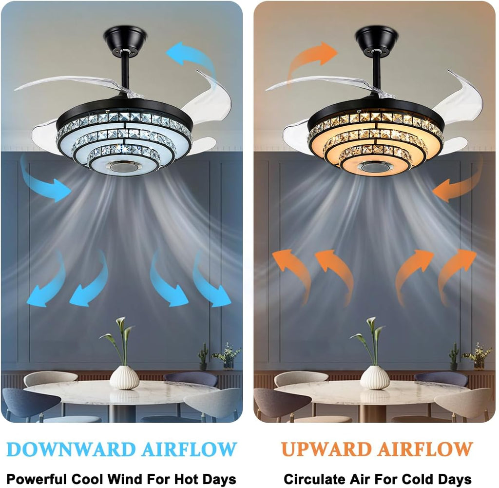 42' Fandelier Ceiling Fan with Light Bluetooth Speaker, Modern Retractable Reversible Chandelier Fan Black Crystal Ceiling Fan Light with Remote 6 Speeds 7 Color Change for Bedroom