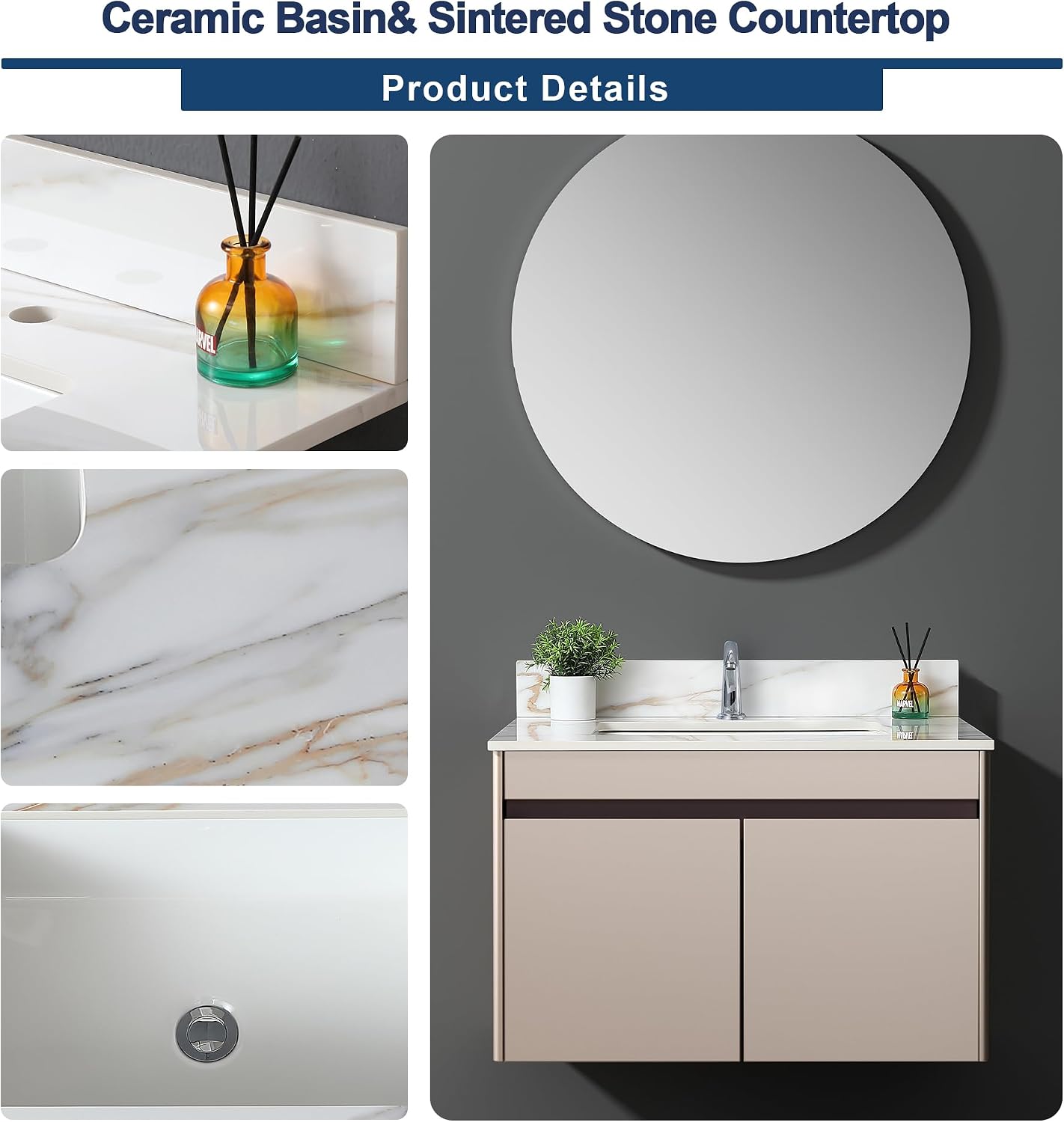 Montary 31'x 22' Vanity Top with Sink for Bathroom, Undermount Rectangular Ceramic Sink & Backsplash, Bathroom Single Bowl Vanity Top with 1 Pre-Drilled Hole