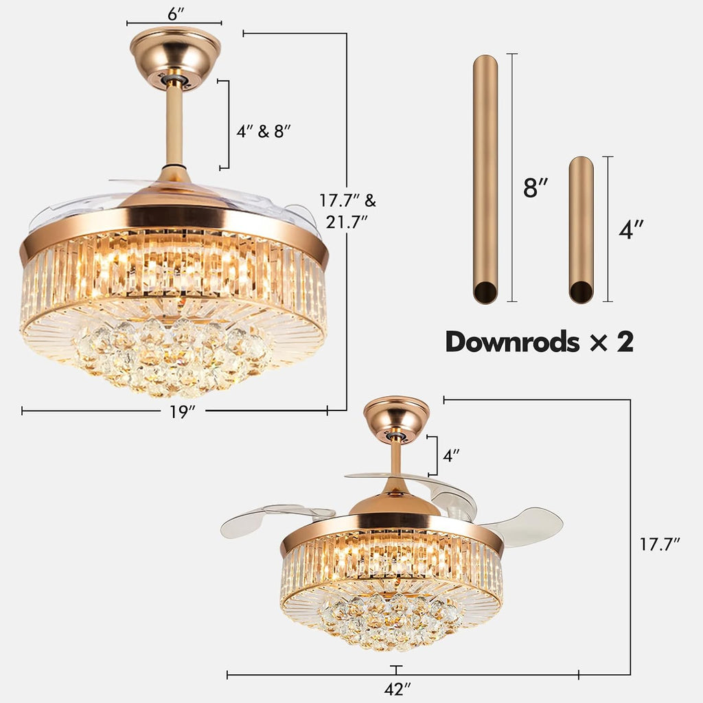 42 inch Luxury Crystal Remote Control Gold Ceiling Fan Light with 3 Colors Change LED Retractable Blades Chandelier Decor (Gold-42 Inch)
