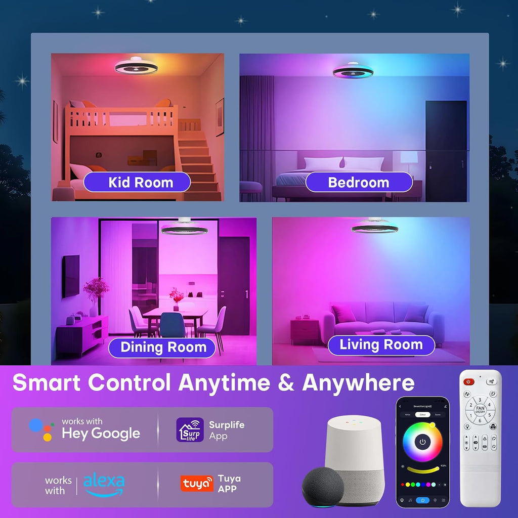 Bladeless Ceiling Fan with RGB Light, 24'' Flush Mount Low Profile Ceiling Fans with Remote & APP Control, Voice Control, 2700-6500K, 6 Speeds Dimmable LED Fan Light for Bedroom, Kids Room