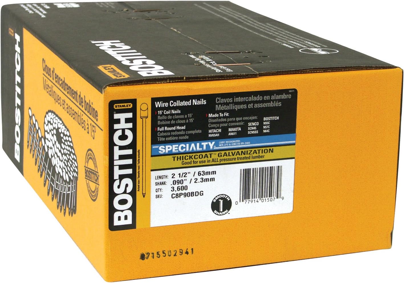 BOSTITCH Siding Nails, Wire Collated Coil, Thickcoat Galvanized, Round Head, 15-Degree, 2-1/2-Inch x .090-Inch, 3600-Pack (C8P90BDG)