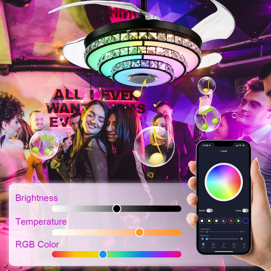 42' Fandelier Ceiling Fan with Light Bluetooth Speaker, Modern Retractable Reversible Chandelier Fan Black Crystal Ceiling Fan Light with Remote 6 Speeds 7 Color Change for Bedroom