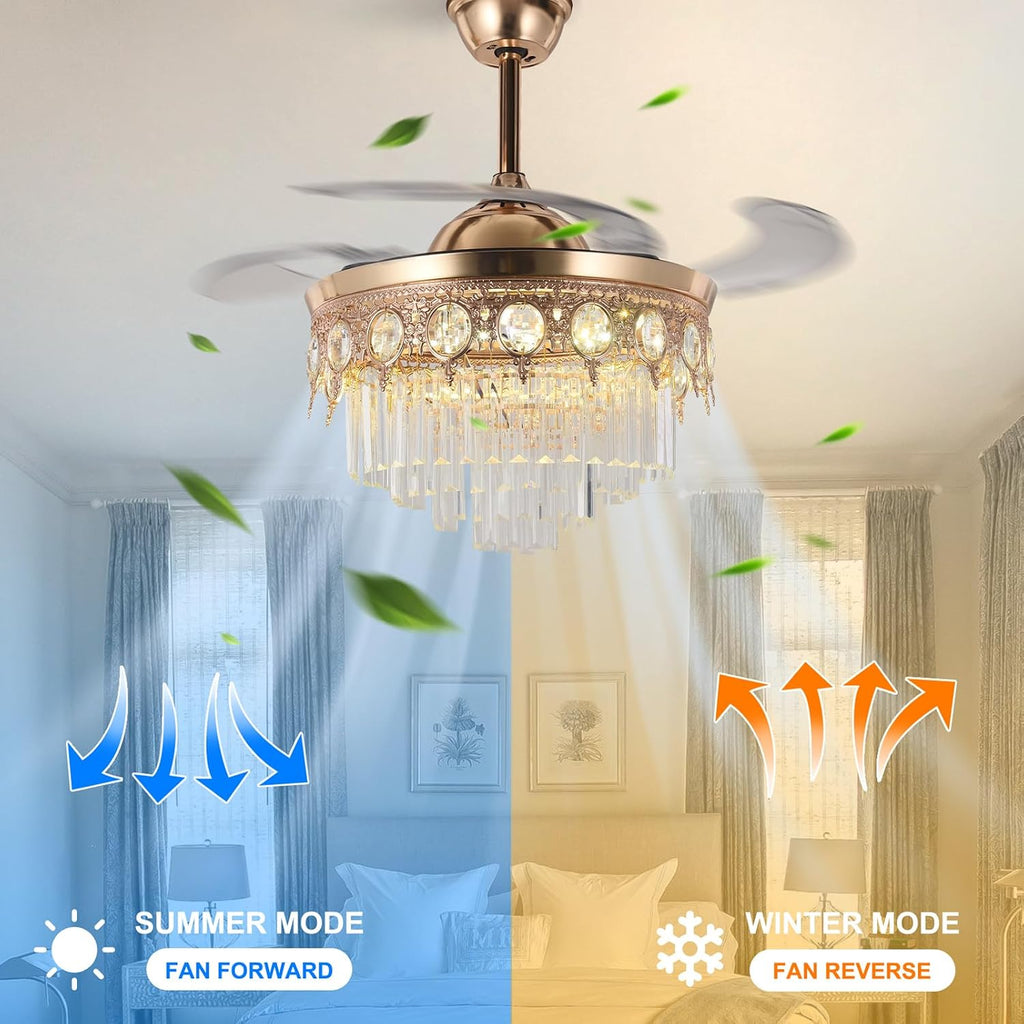 42' Gold Retractable Ceiling Fan with Lights, Luxury Gold Crystal Chandelier Fan 6 Speeds 3 Colors Modern Ceiling Fan for Living Room