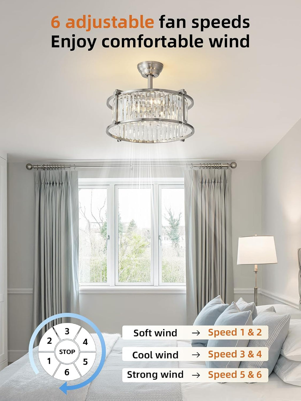 20' Silver Crystal Fandelier Ceiling Fans with Lights, Silver Crystal Industrial Chandelier Ceiling Fan with Light and Remote, Caged with 6 Speeds for Bedroom, Nursery, Living Room