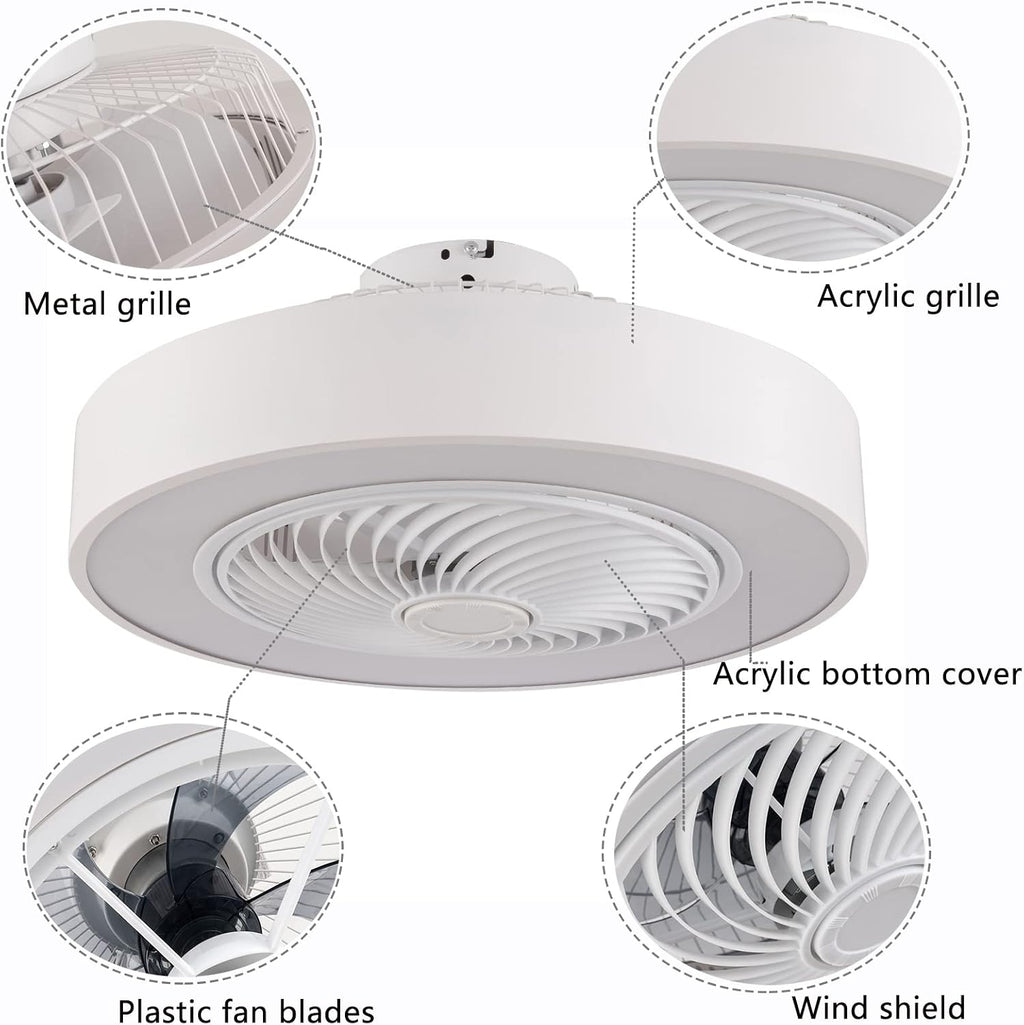 Ceiling Fan with Light Kit,22 Inch Modern LED Remote Control Semi Flush Mount Fandelier with Invisible Acrylic Blades,3 Colors 3 Speeds Changing,Enclosed Low Profile Fan (White)