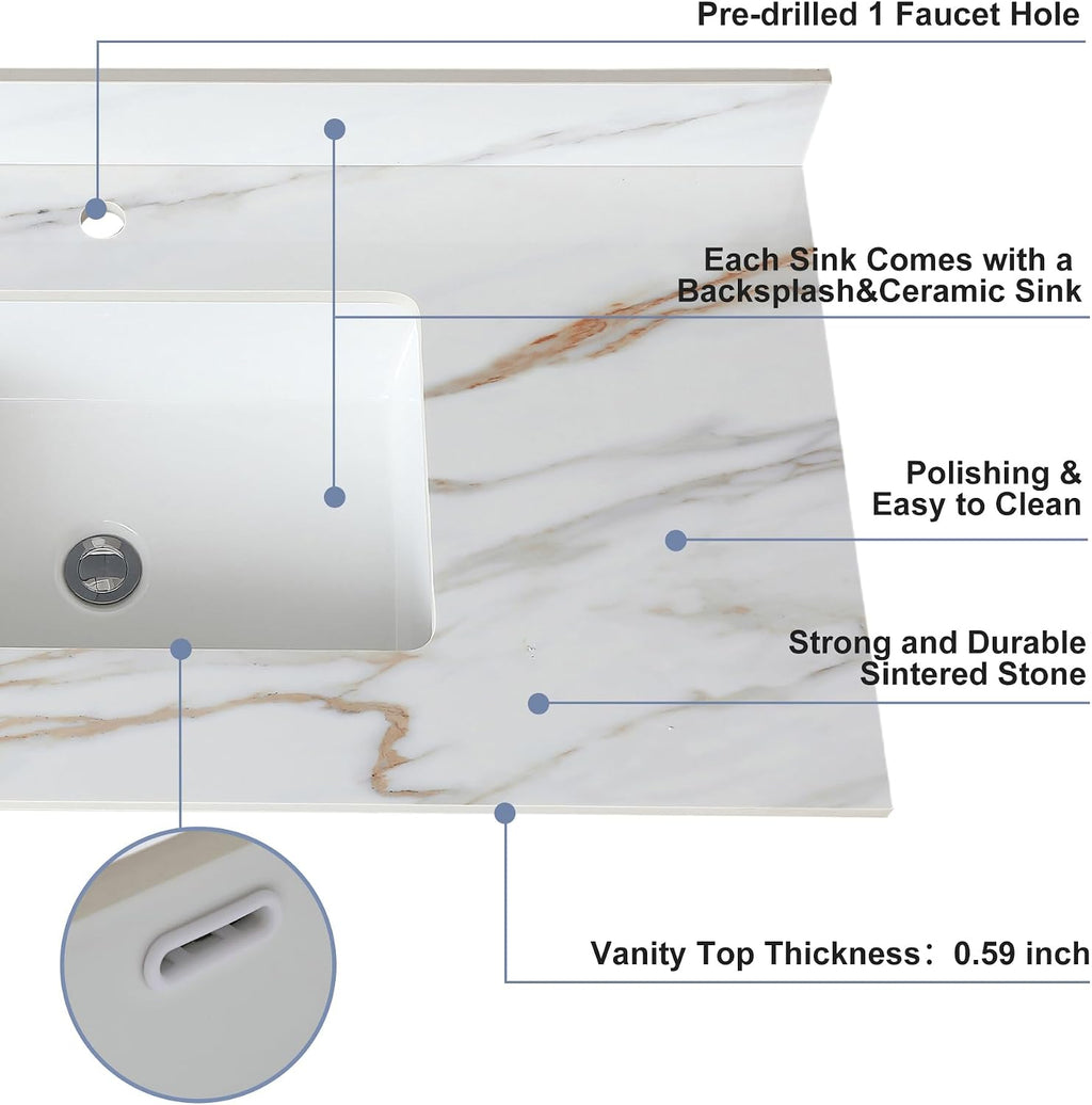 Montary 37'x 22' Vanity Top with Sink for Bathroom, Rectangular Undermount Ceramic Sink & Backsplash, Single Bowl Vanity Top with Safety Overflow Hole