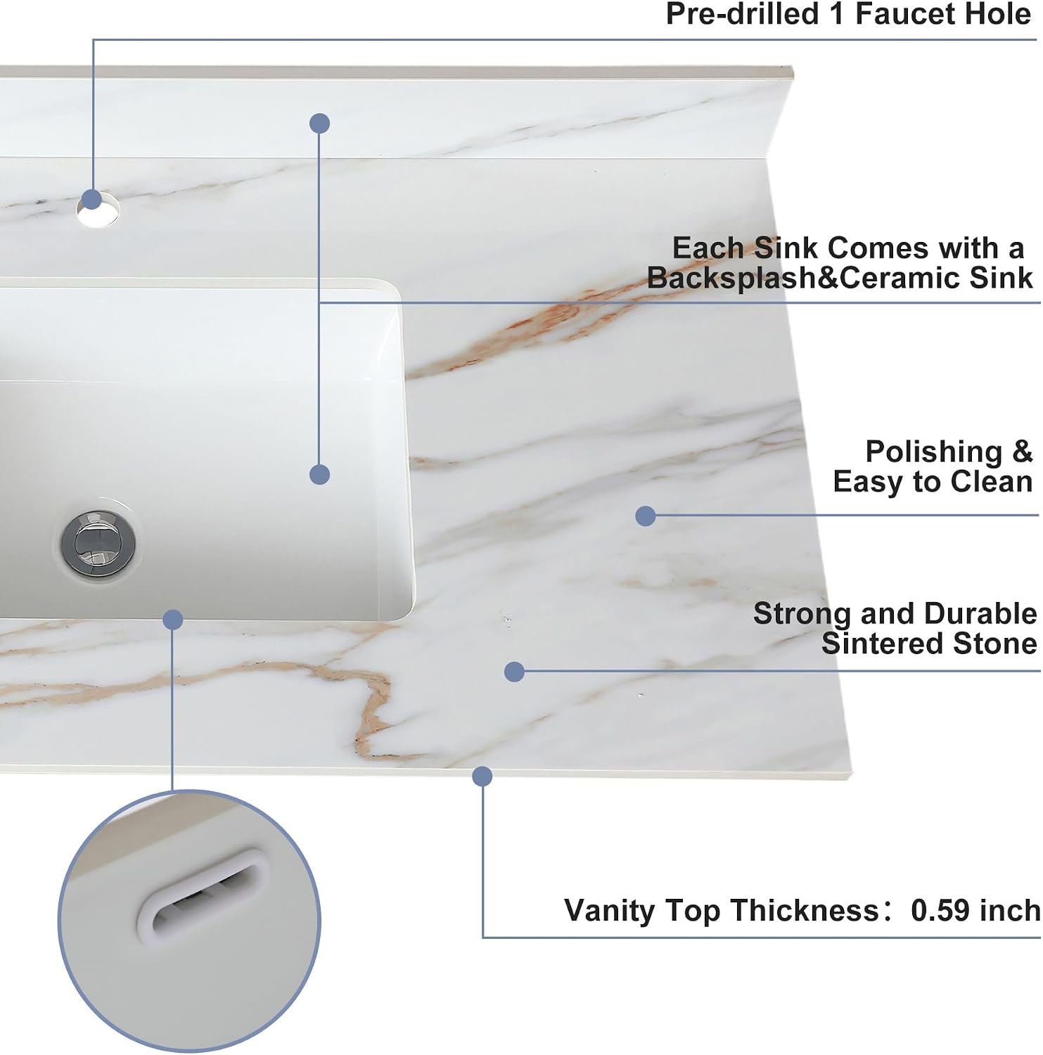 Montary 37'x 22' Vanity Top with Sink for Bathroom, Rectangular Undermount Ceramic Sink & Backsplash, Single Bowl Vanity Top with Safety Overflow Hole