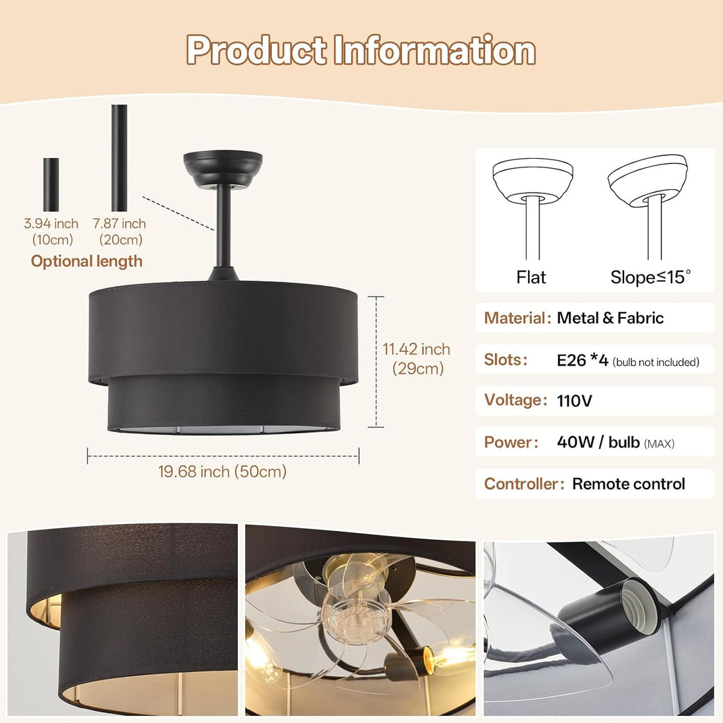 20' Farmhouse Ceiling Fans with Lights, Black Boho Fandelier Chandelier Ceiling Fan with Light Remote Control, Caged with 6 Speeds for Living Room, Bedroom, Nursery