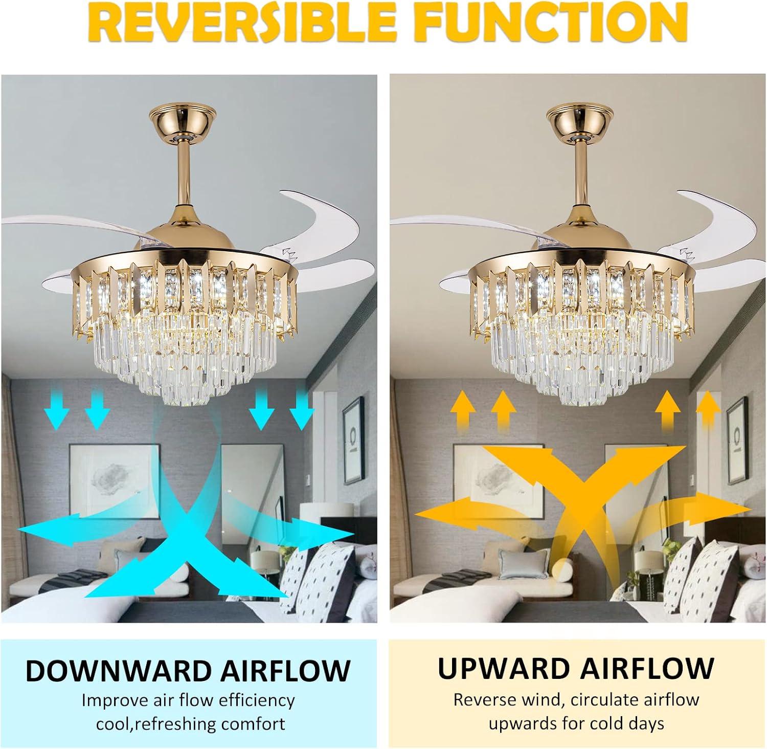42 Inch Chandelier Ceiling Fan Modern Crystal Ceiling Fan with Lights Remote Control 6 Speed 3 Color Dimmable Silent Luxury Fandelier with Retractable Blades for Living Room Bedroom Decoration Gold