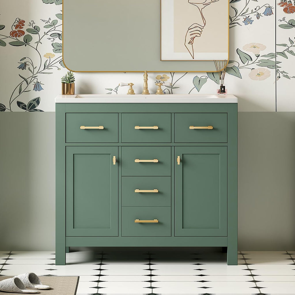 Merax 36' Bathroom Vanity with Sink, Freestanding Modern Bathroom Vanity Cabinet with Sink Top, 4 Drawers and 2 Storage Cabinets, Solid Wood Frame, Painted Finish