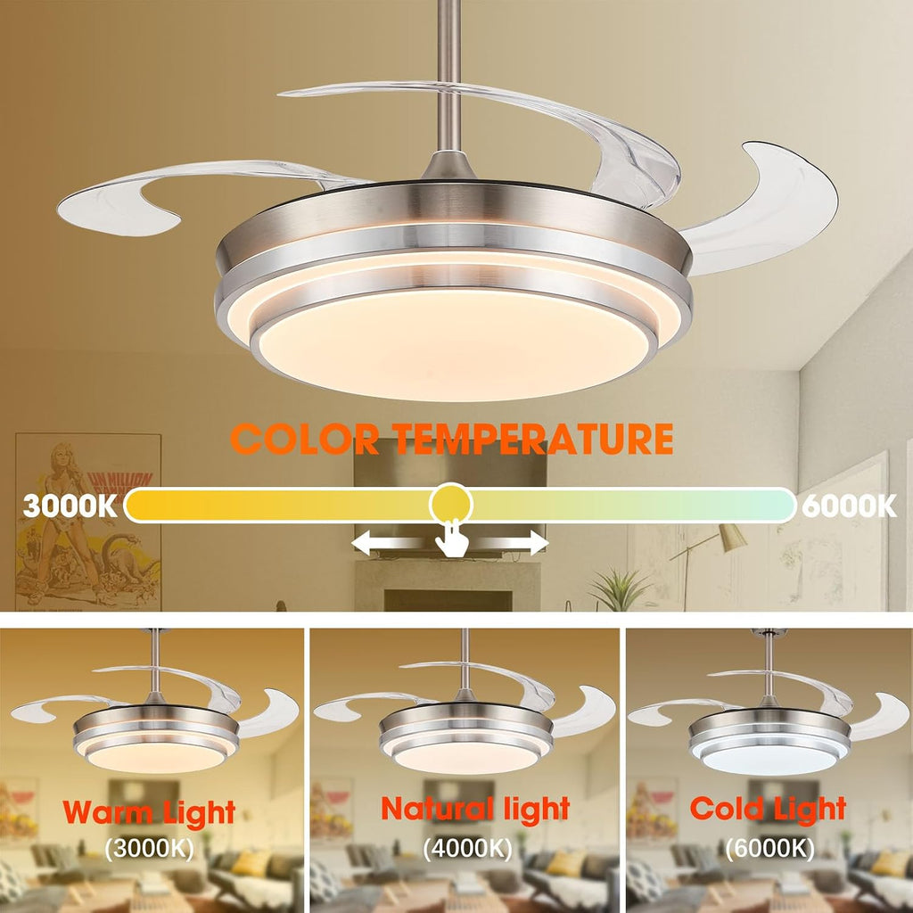 48 Inch Retractable Ceiling Fans with Lights, Modern Fandelier Ceiling Fan with Remote and App Control, 3 Color Dimmable, 6 Speeds Reversible, for Bedroom/Living Room/Office (Brushed Nickel)