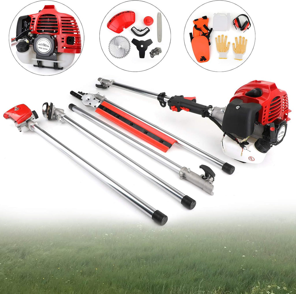 Topteng 5-in-1 52cc 2 Stroke Gas Powered Multi Tool Set with Brush Cutter, Grass Trimmer, Chainsaw, Hedge Trimmer & Pole Saw Cordless - Outdoor Garden Tools for Lawn, Bush & Tree Maintenance