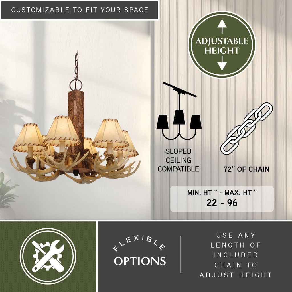 VAXCEL Lodge 6 Light Cream Rustic Antler Chandelier