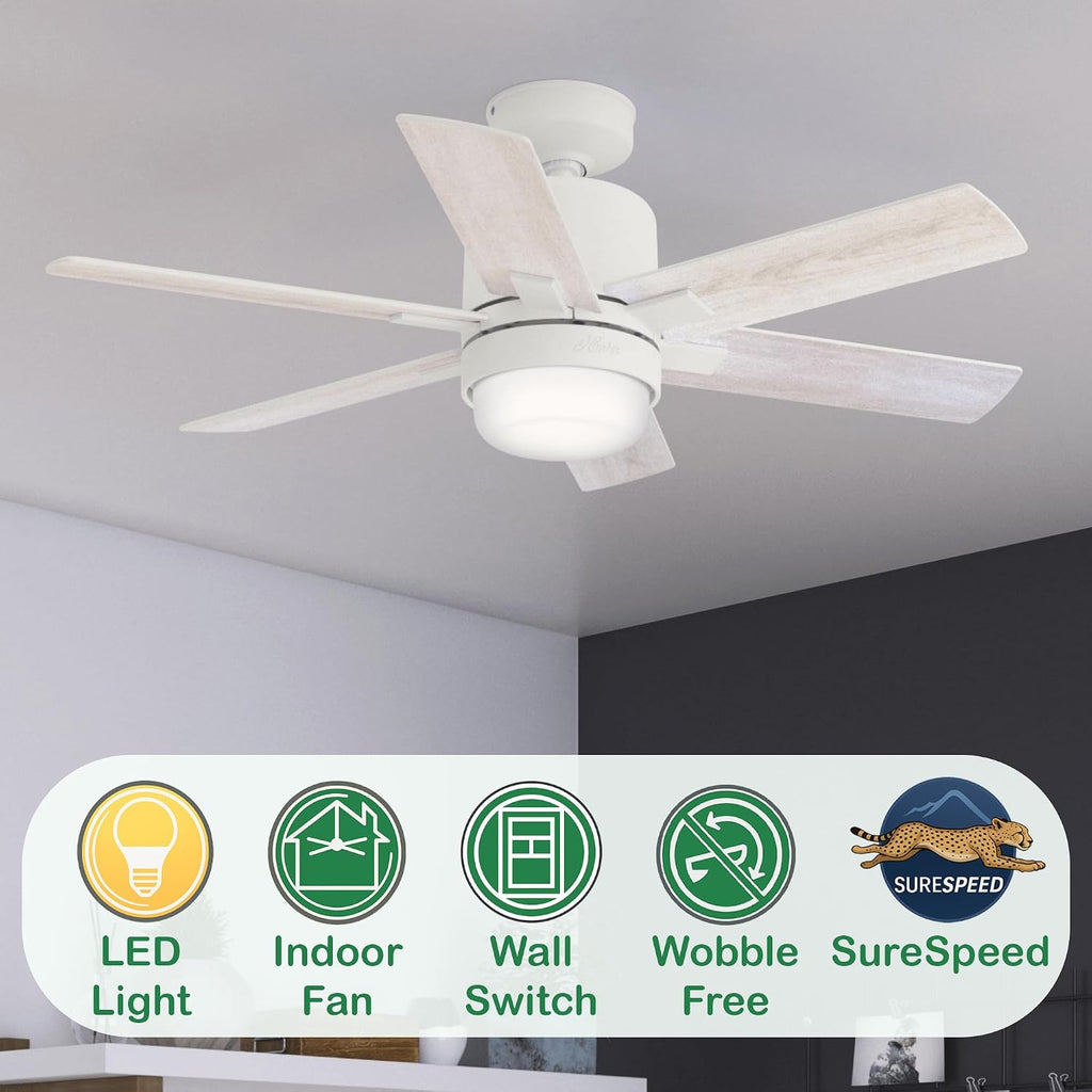 Hunter Fan 44 inch Casual Matte White Indoor Ceiling Fan with LED Light Kit, Holiday Gift for Bedroom, Living Room/Family Room, Dining Room, Kitchen, Office (Renewed)