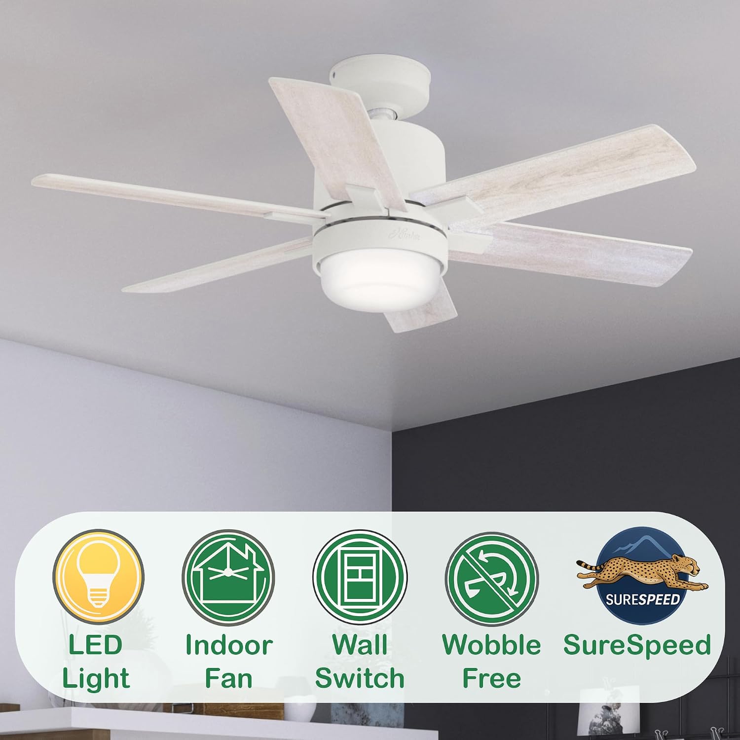 Hunter Fan 44 inch Casual Matte White Indoor Ceiling Fan with LED Light Kit, Holiday Gift for Bedroom, Living Room/Family Room, Dining Room, Kitchen, Office (Renewed)