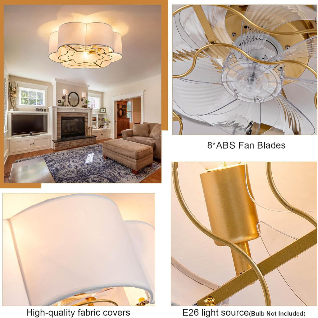 Caged Ceiling Fan with Lights, Flush Mount 20' Boho Ceiling Fans with Lights Remote Control, Low Profile Fabric Bladeless with 6 Speeds for Bedroom, Nursery, Kitchen