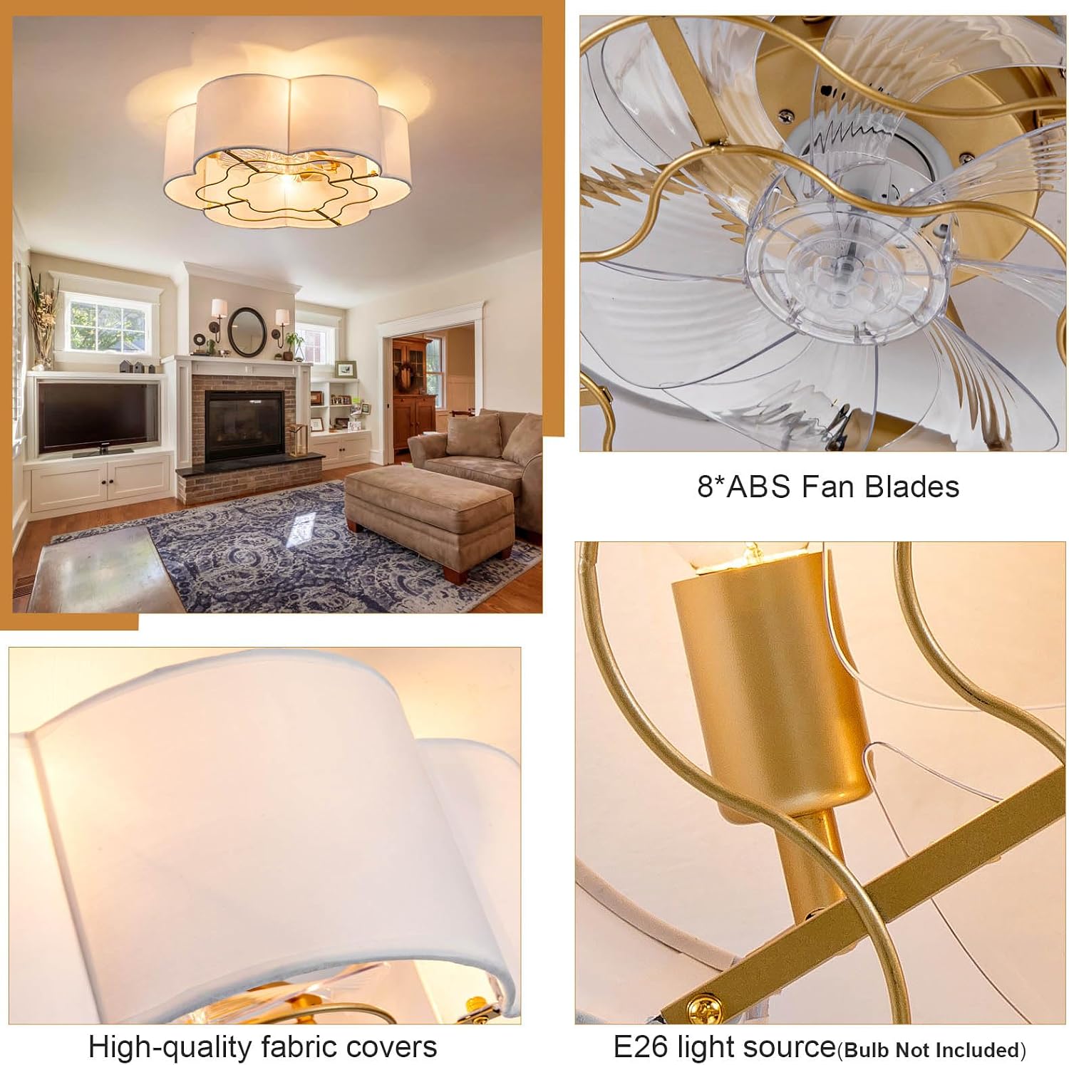 Caged Ceiling Fan with Lights, Flush Mount 20' Boho Ceiling Fans with Lights Remote Control, Low Profile Fabric Bladeless with 6 Speeds for Bedroom, Nursery, Kitchen