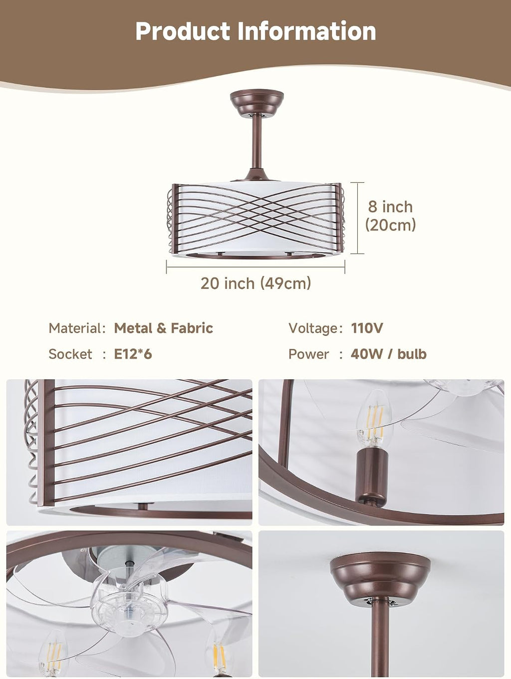 20' Fandelier Ceiling Fans with Lights, Brown Caged Ceiling Fan with Light Remote Control, Mid-Century Modern with 6 Speeds for Bedroom, Nursery, Living Room (Brown)