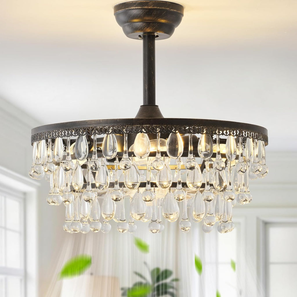 Crystal Fandelier Ceiling Fan with Light, 20' Black Crystal Chandelier Ceiling Fans with Lights and Remote with 6 Speeds for Bedroom, Living Room, Nursery