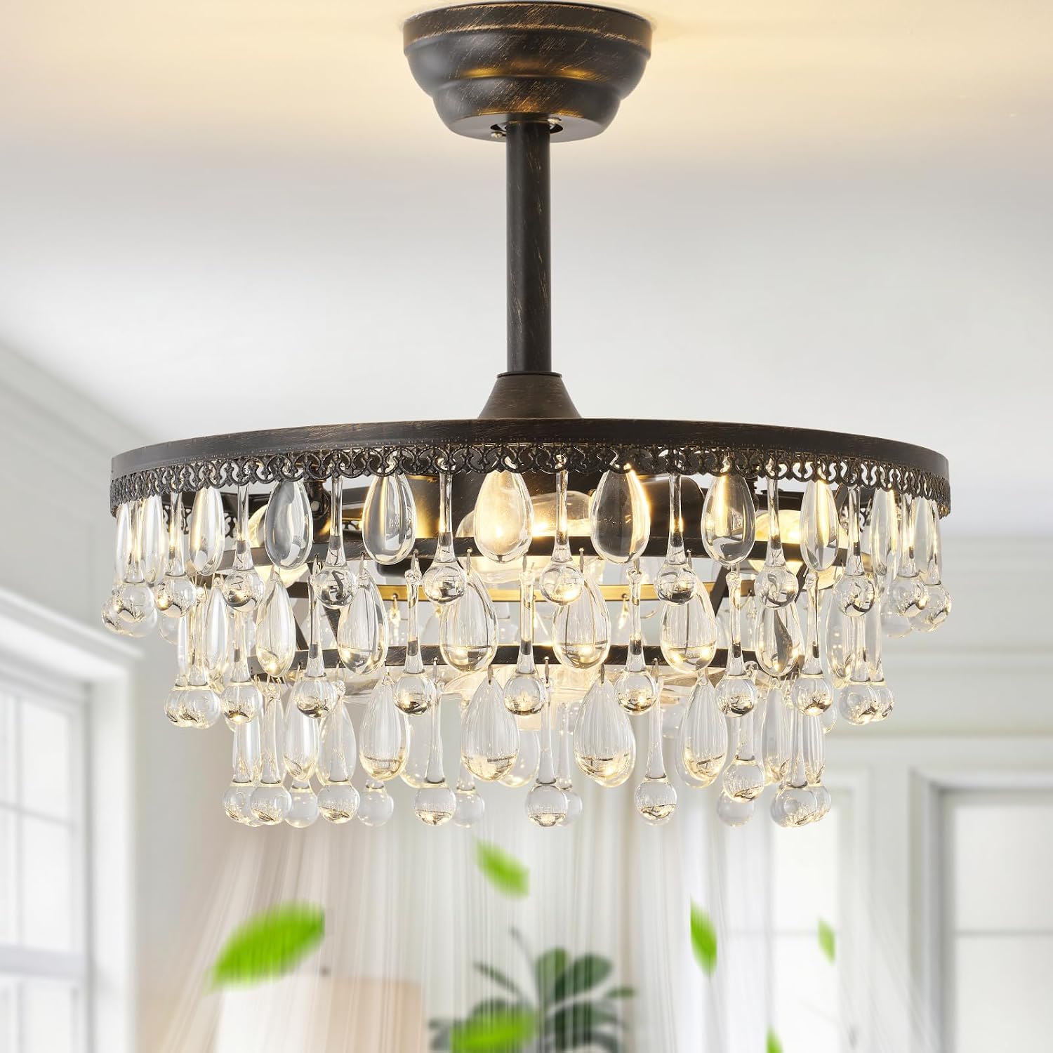 Crystal Fandelier Ceiling Fan with Light, 20' Black Crystal Chandelier Ceiling Fans with Lights and Remote with 6 Speeds for Bedroom, Living Room, Nursery