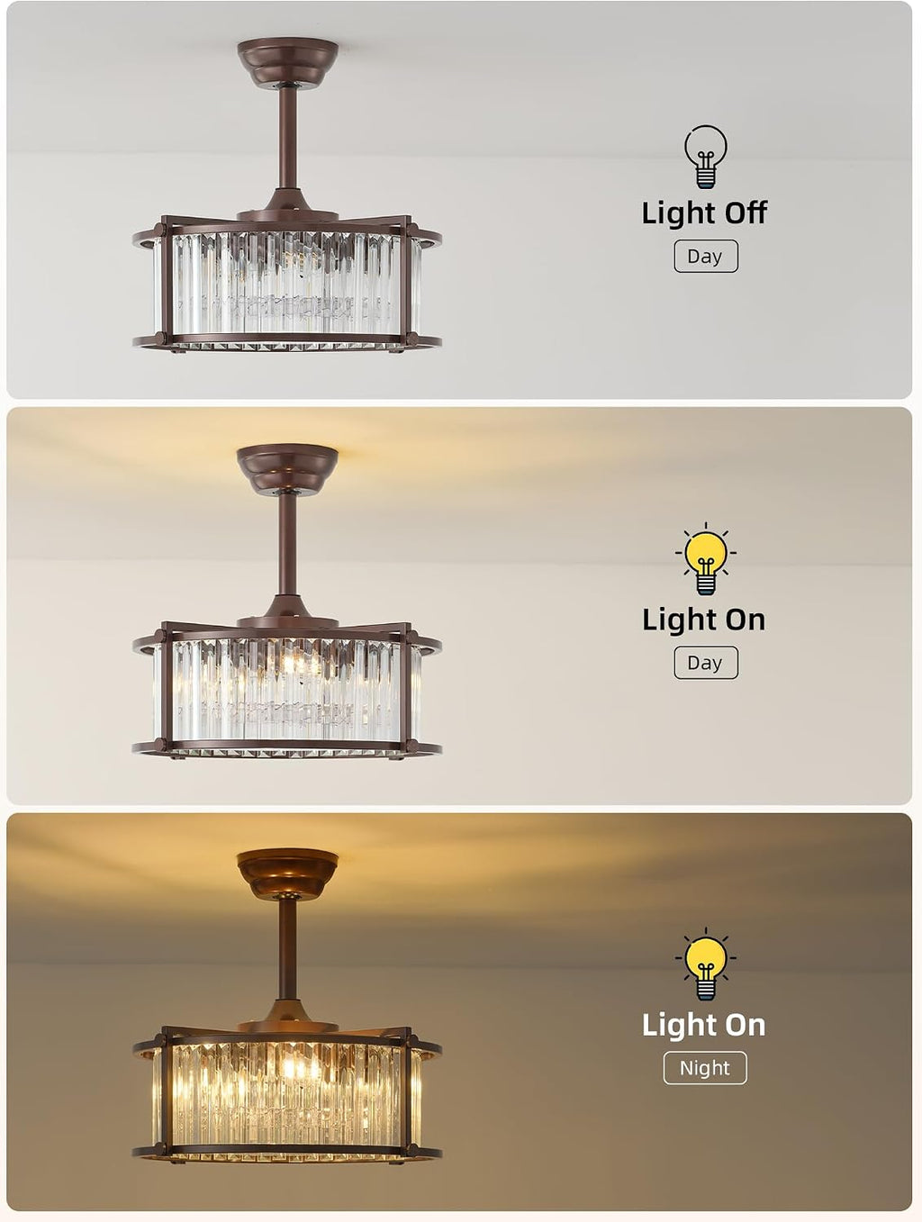 20' Farmhouse Rustic Crystal Fandelier Ceiling Fans with Lights, Brown Crystal Industrial Chandelier Ceiling Fan with Light and Remote, Caged with 6 Speeds for Bedroom, Nursery, Living Room
