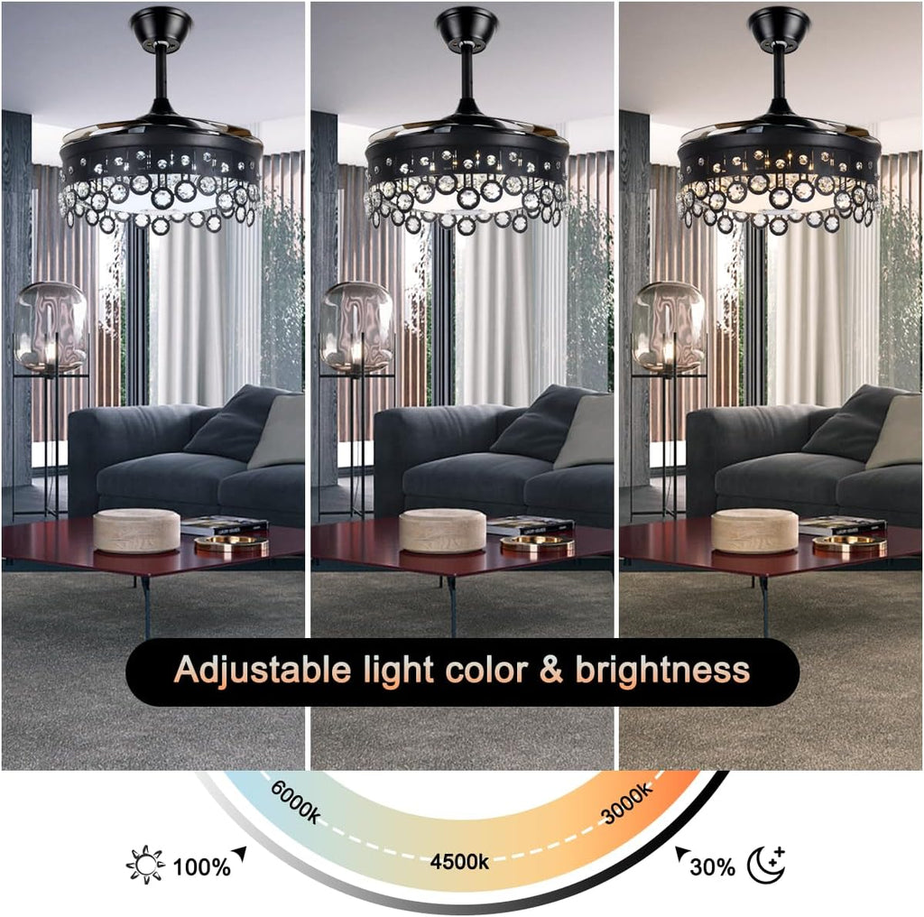 42 Inch Retractable Fandelier Ceiling Fan with Light Bluetooth Speaker, Modern Crystal Chandelier Fan with Remote 7 Color Change Black Smart Invisible Fan Light for Bedrooms Living Room