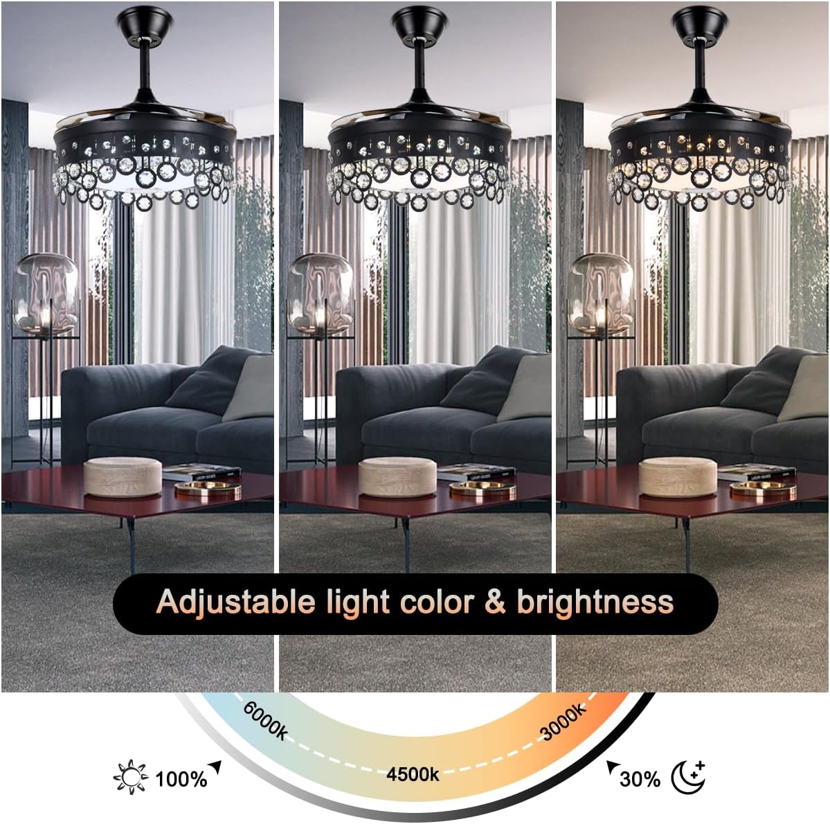 42 Inch Retractable Fandelier Ceiling Fan with Light Bluetooth Speaker, Modern Crystal Chandelier Fan with Remote 7 Color Change Black Smart Invisible Fan Light for Bedrooms Living Room