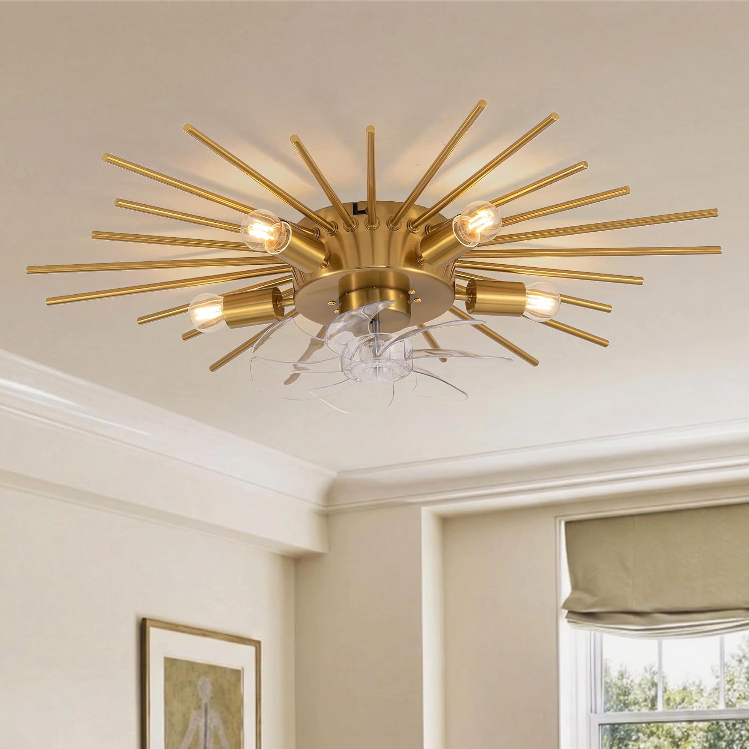 30' Low Profile Flush Mount 5 Light Ceiling Fans with Lights and Remote, Modern Metal Fandelier Ceiling Fan with Light, Farmhouse Gold Ceiling Fan for Bedroom,Living Room,Foyer (6 Speeds,Timing)