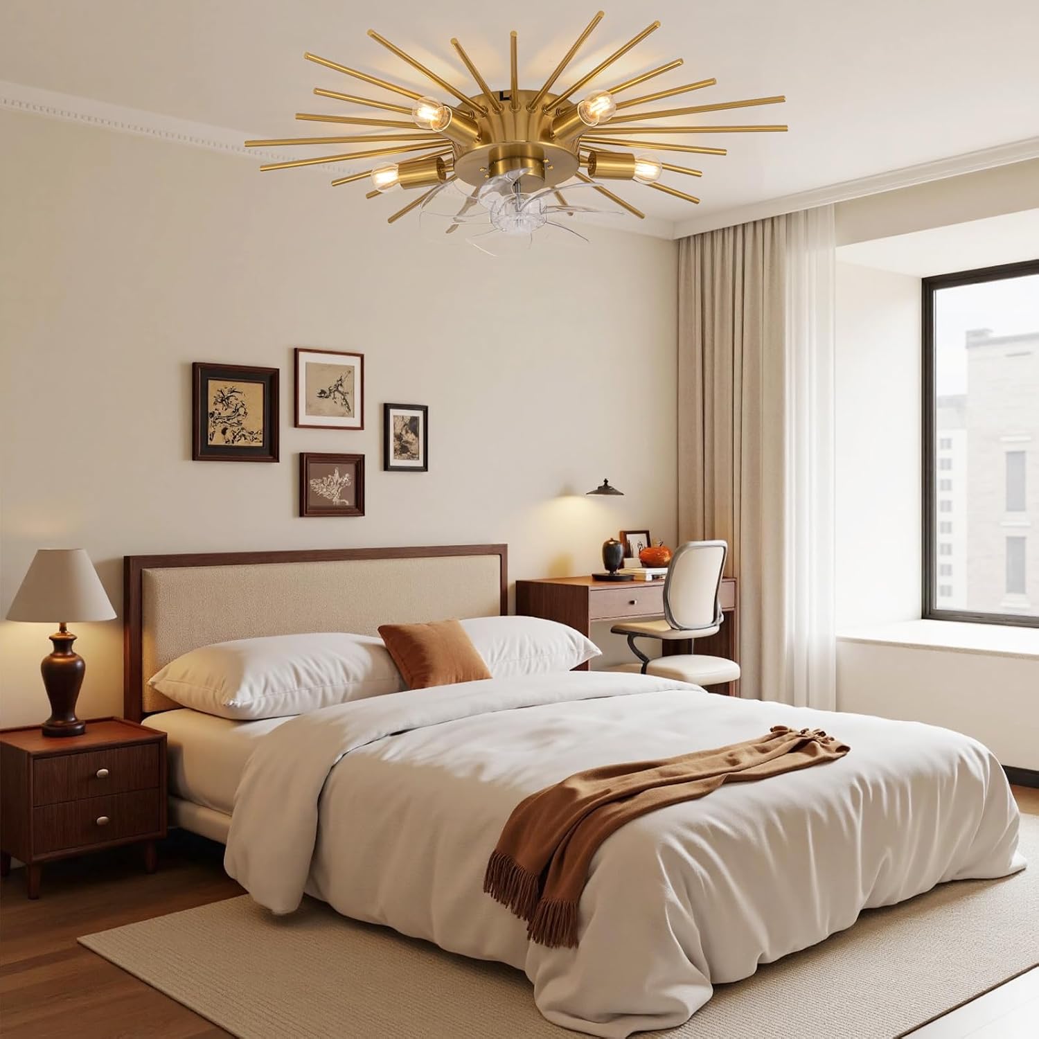 30' Low Profile Flush Mount 5 Light Ceiling Fans with Lights and Remote, Modern Metal Fandelier Ceiling Fan with Light, Farmhouse Gold Ceiling Fan for Bedroom,Living Room,Foyer (6 Speeds,Timing)
