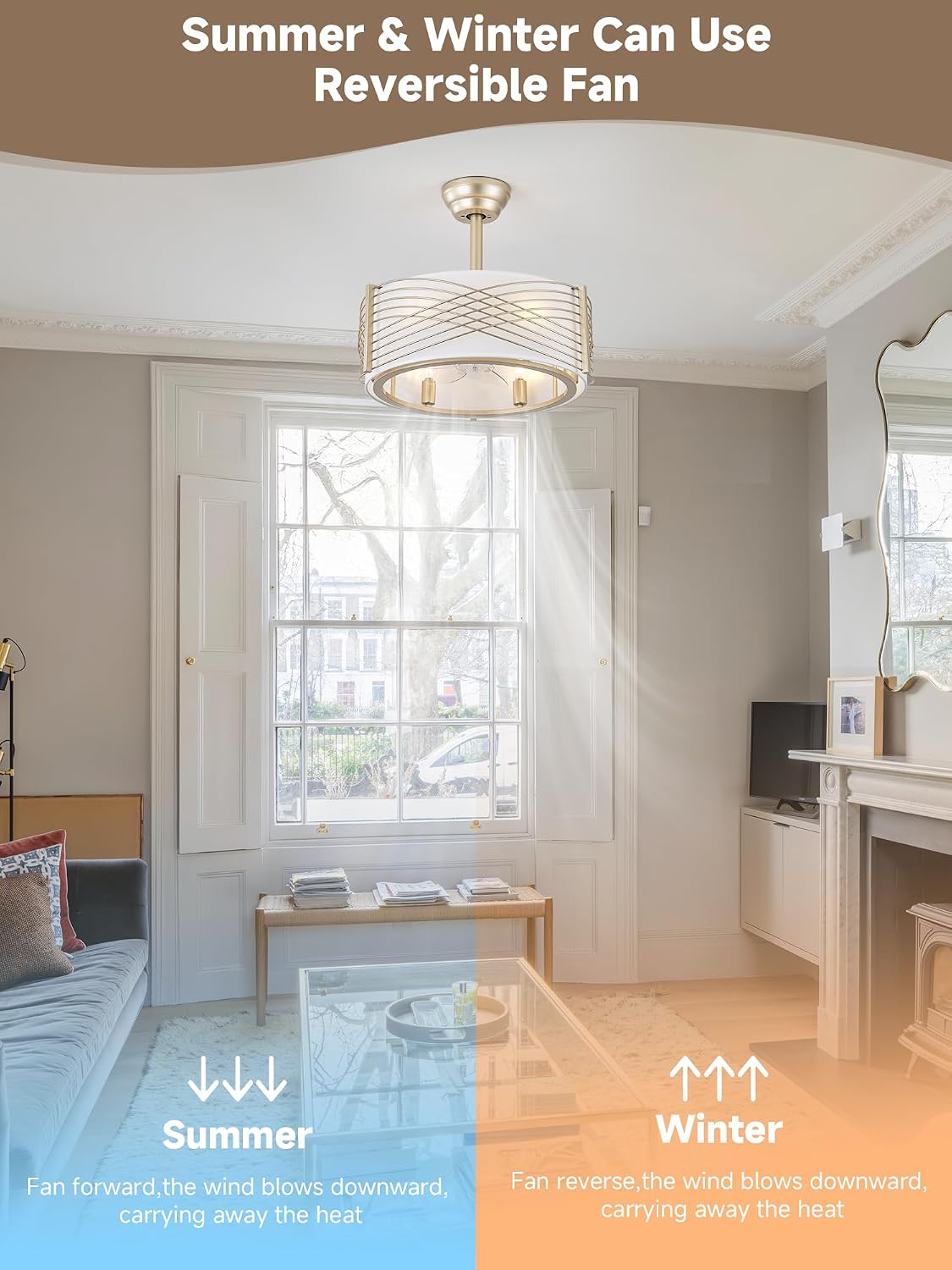 20' Gold Fandelier Ceiling Fan with Light, Caged Ceiling Fan with Light Remote Control, Mid Century Modern with 6 Speeds for Bedroom, Nursery, Living Room