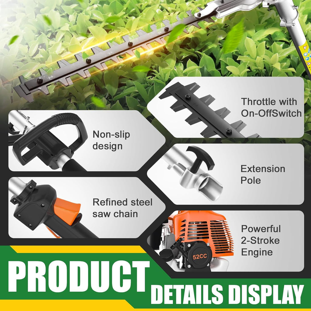 17'' Gas Hedge Trimmer, 48cc 2 Cycle Gas Powered Hedge Trimmer Brush Cutter,Pole Saw with Extension Pole Garden Trimming Tools for Tree Trimming and Branch Cutting (Maximum extends is 10.5FT)