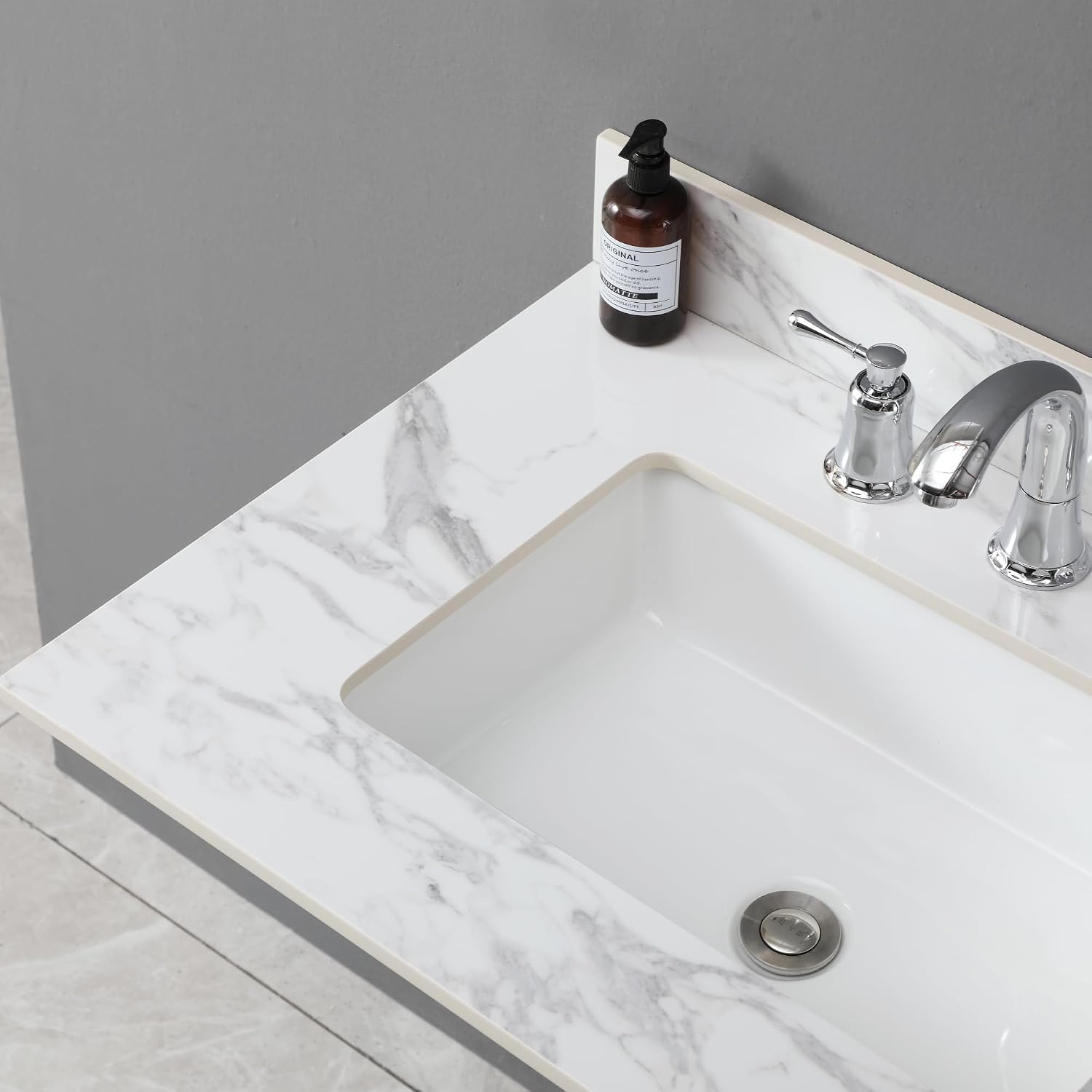 Montary 31'x 22' Bathroom Vanity Top with Undermounted Large Ceramic Sink & Backsplash, Sintered Stone Artificial Marble Vanity Sink Tops with 3 Pre-Drilled Hole, Carrara White