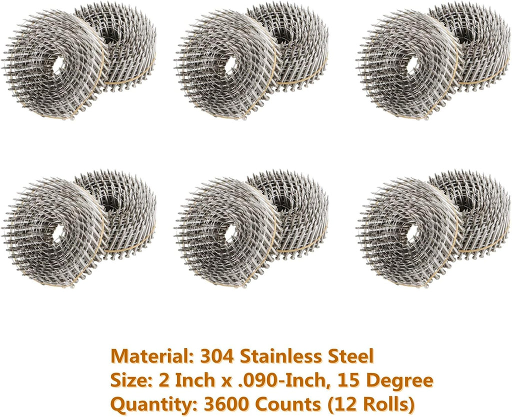 kimllier 3600 Count Coil Siding Nail Full Round Head Wire Collated Coil 15-Degree 2-Inch x .090-Inch Ring Shank 304 Stainless Steel