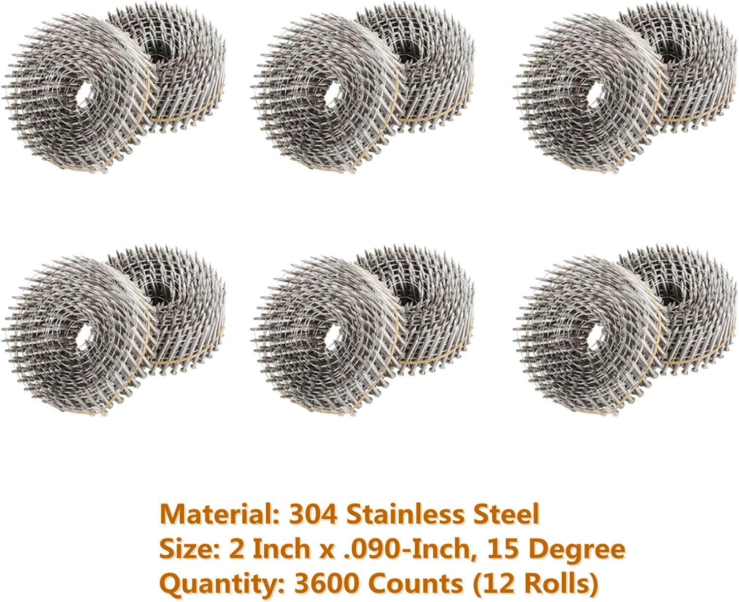 kimllier 3600 Count Coil Siding Nail Full Round Head Wire Collated Coil 15-Degree 2-Inch x .090-Inch Ring Shank 304 Stainless Steel