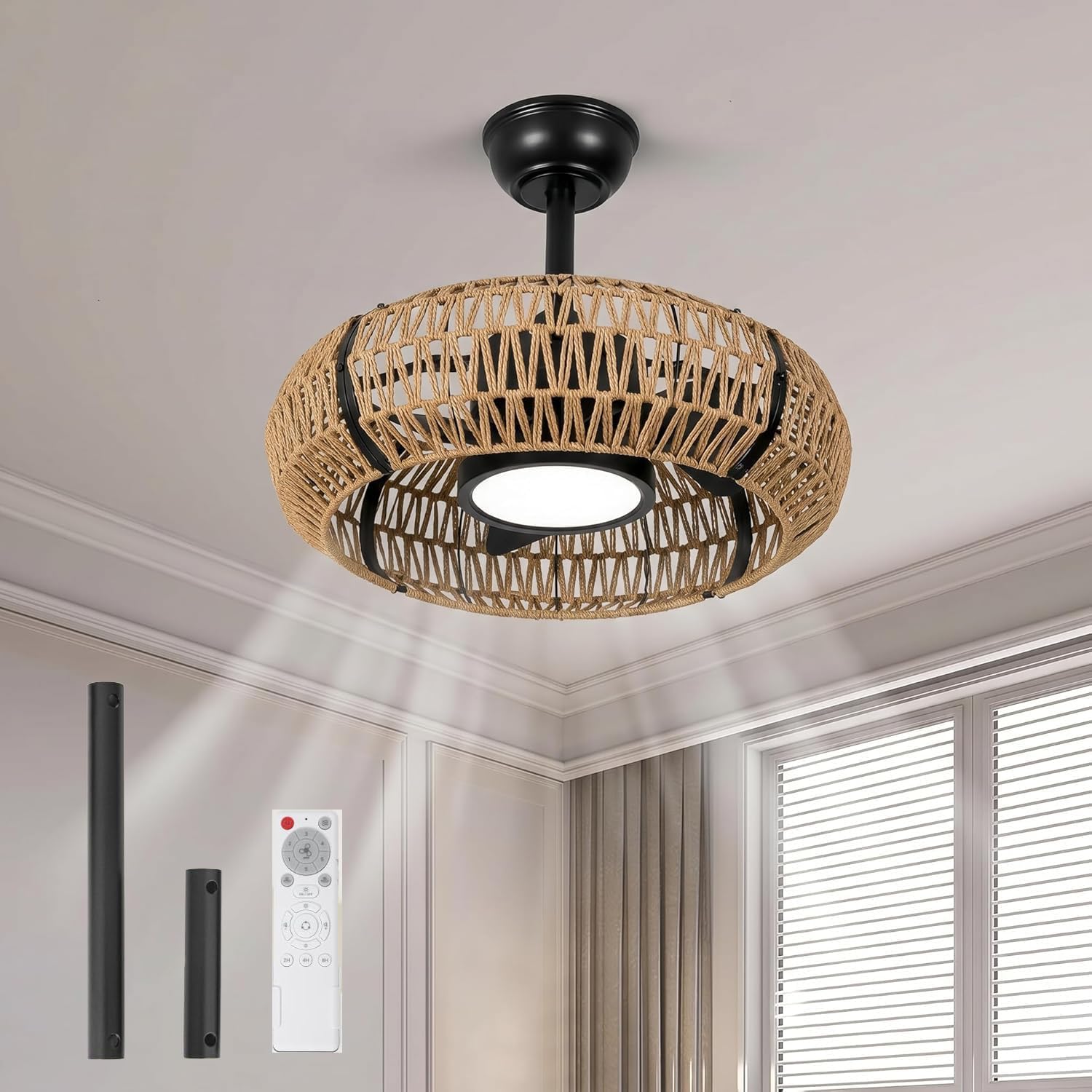 ocioc 20' Caged Ceiling Fans with Lights and Remote,Fandelier Ceiling Fan with Light,Bladeless,Quiet Reversible DC Motor,Rattan Boho Ceiling Fan for Bedroom,Living Room