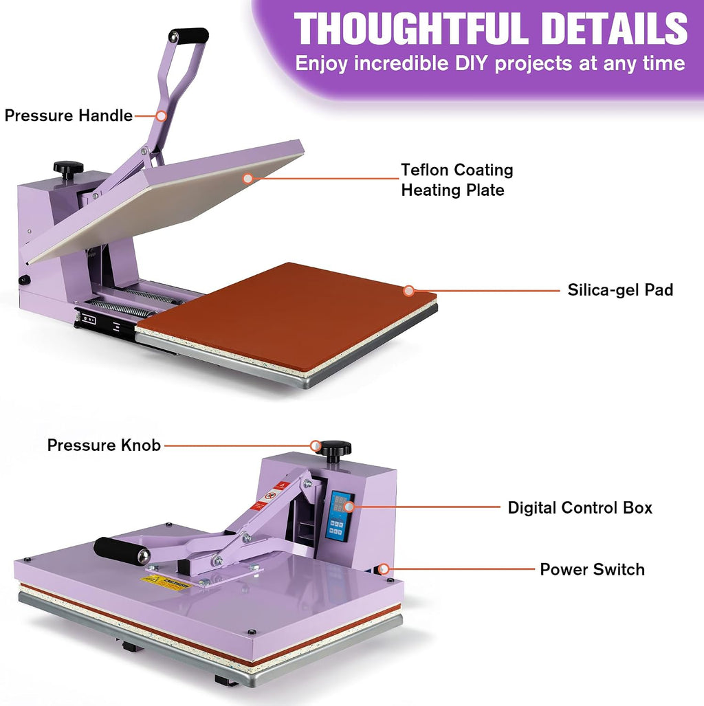16x24 Inch Heat Press Machine, Manual Clamshell Heat Press with Slide - Out Base, Adjustable Pressure, Temperature and Time for Home Decor, Custom Gifts, Holiday Crafts, Small Businesses，Purple